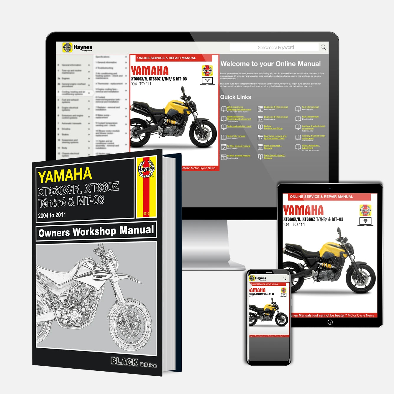 Yamaha motorcycle manual set with digital versions on tablet, phone, and computer screen.