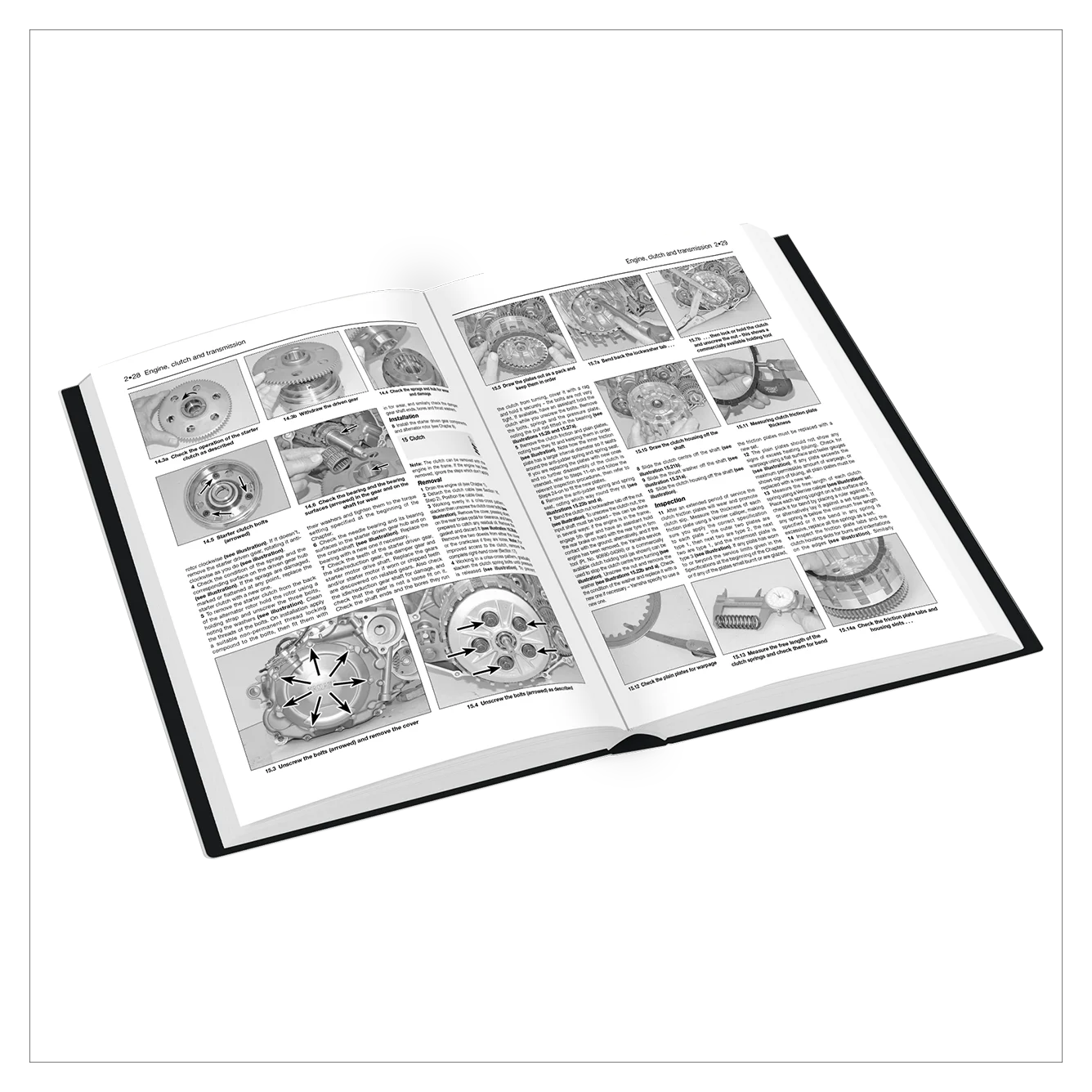 Open book with black and white illustrations and text on a white background