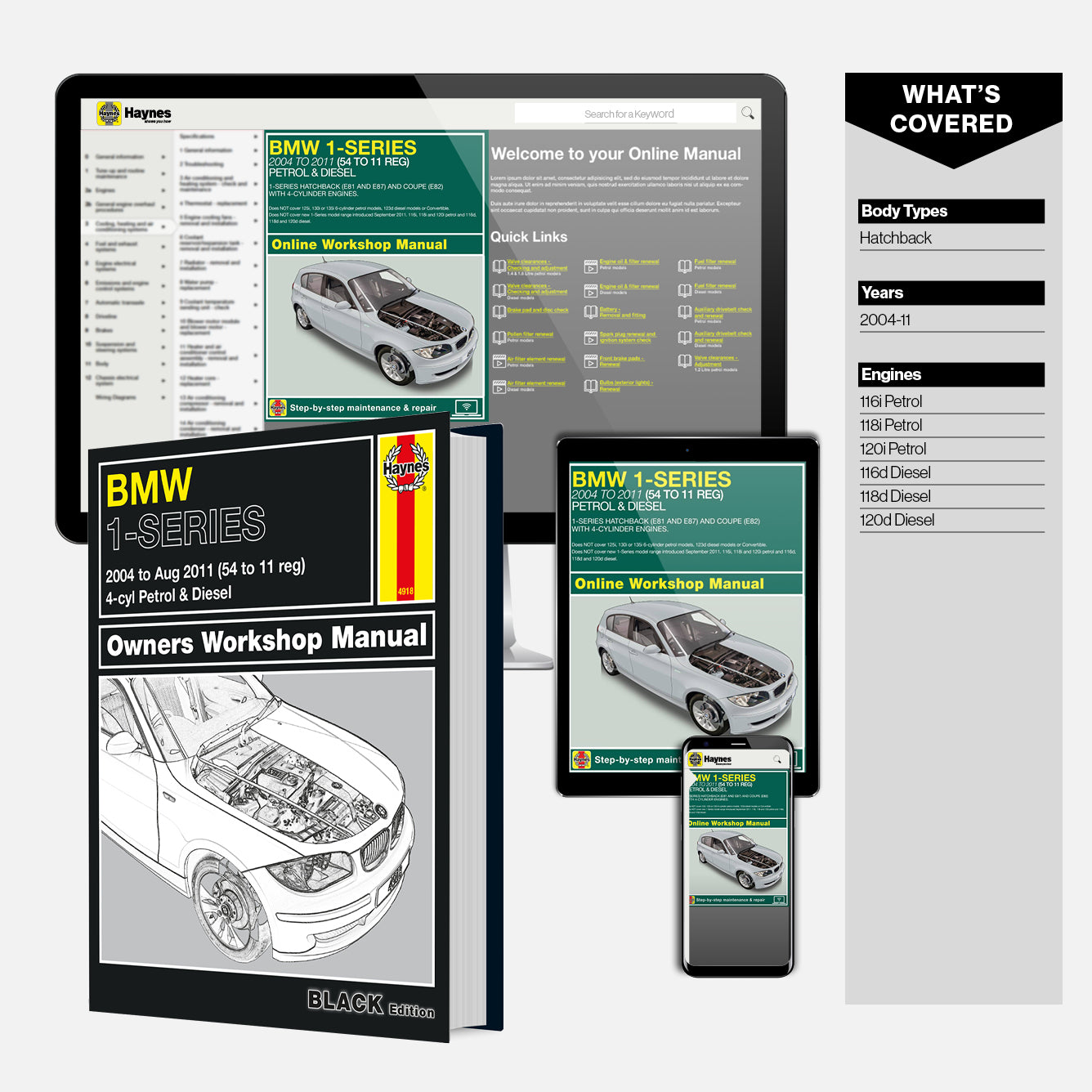 Haynes BMW 1-Series owners workshop manual with digital versions on smartphone and tablet.