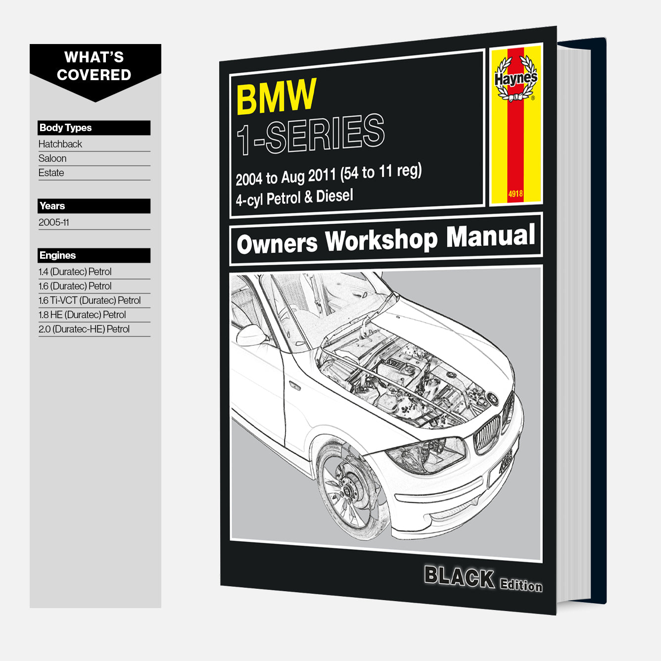BMW 1-Series owners workshop manual with cover and side panel on a white background