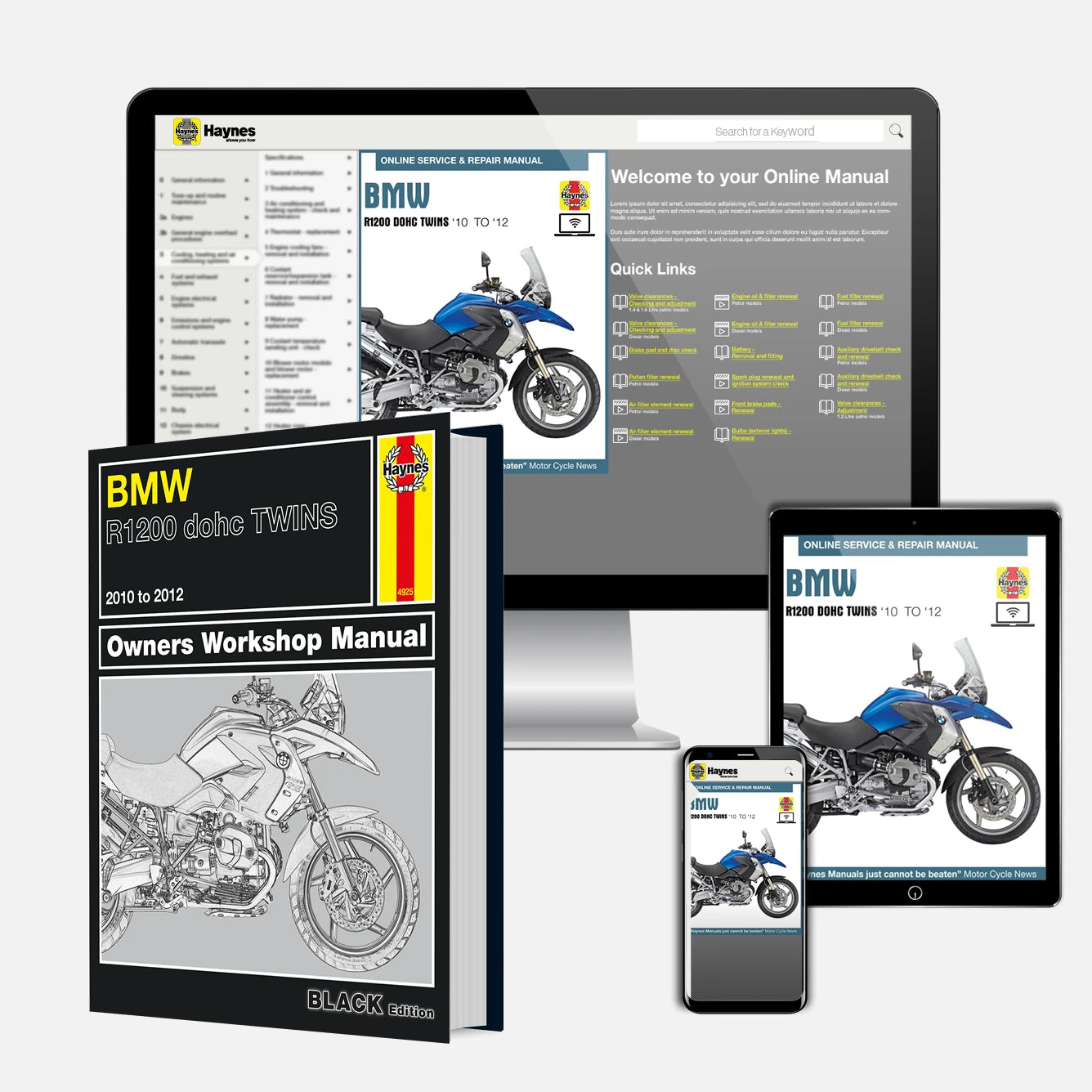 BMW motorcycle owners workshop manual with digital versions on tablet, smartphone, and computer screen.