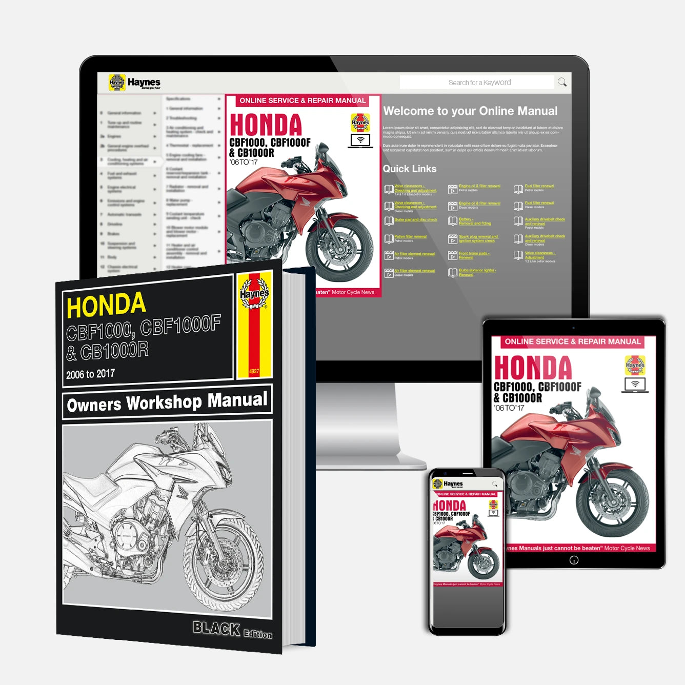 Honda motorcycle manual set including hardcover book, digital tablet, smartphone, and computer screen displaying a Honda online service manual.
