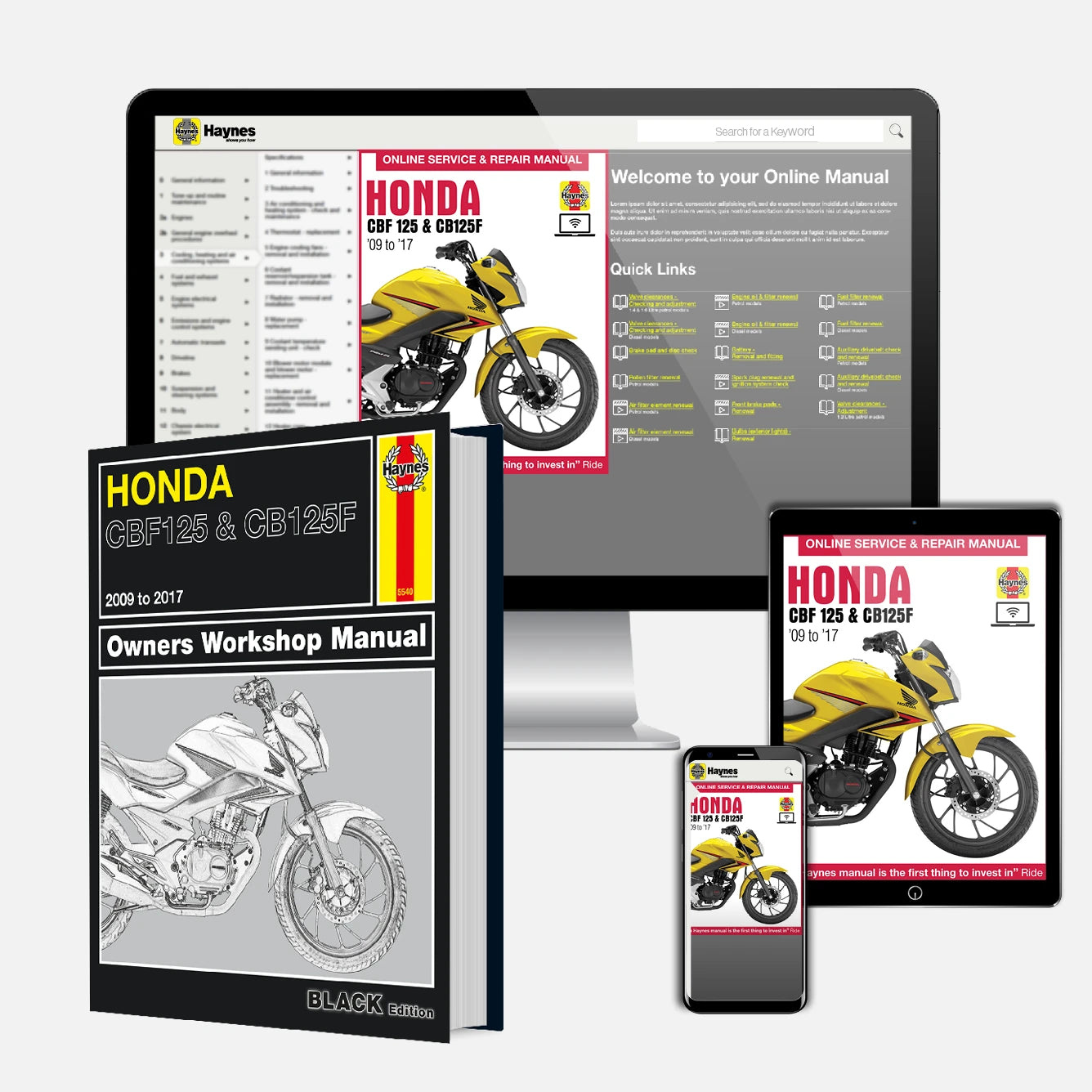 Honda motorcycle manual set with digital versions on tablet, phone, and computer screen.
