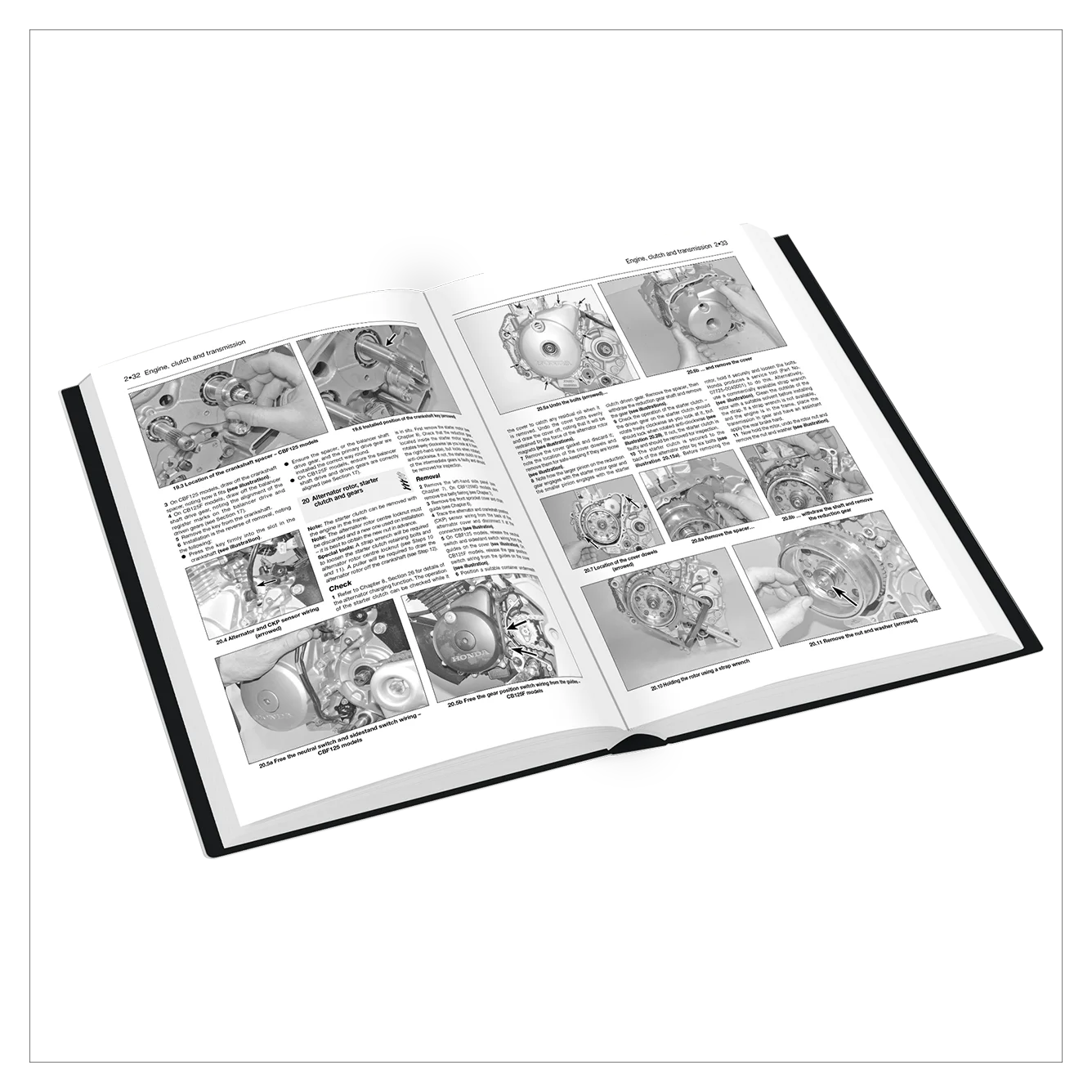 Open book with technical illustrations and text on a white background