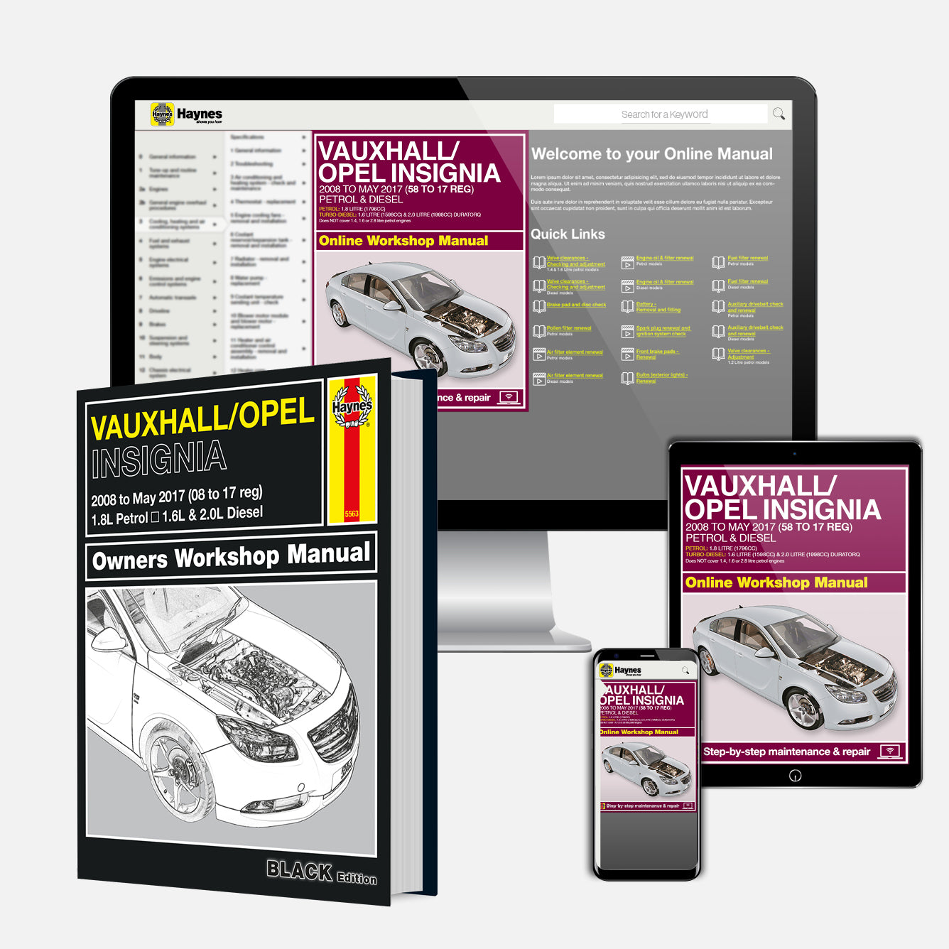 Vauxhall/Opel Insignia repair manual set with digital and print formats.