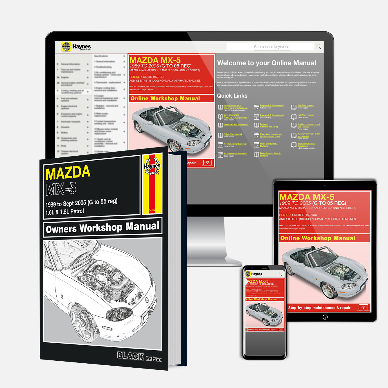 Collection of Mazda MX-5 repair manuals on various devices including a tablet, phone, and book.