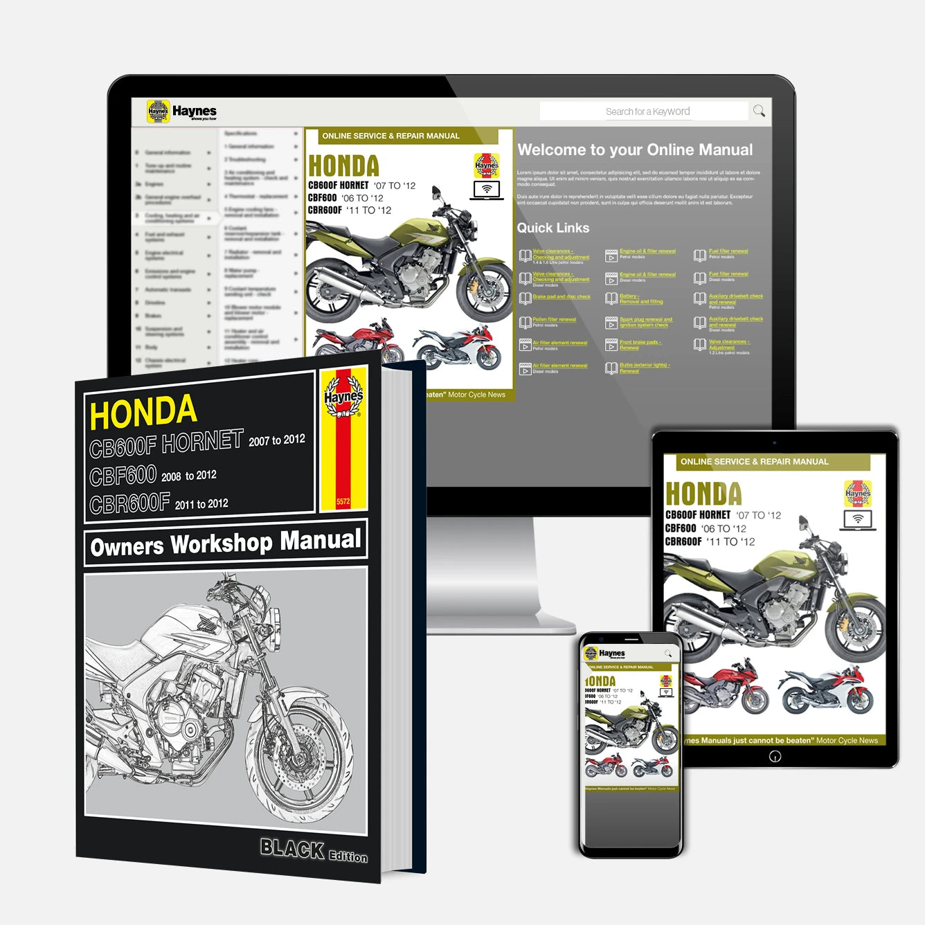 Honda motorcycle manual set with digital versions on tablet, smartphone, and computer screen.