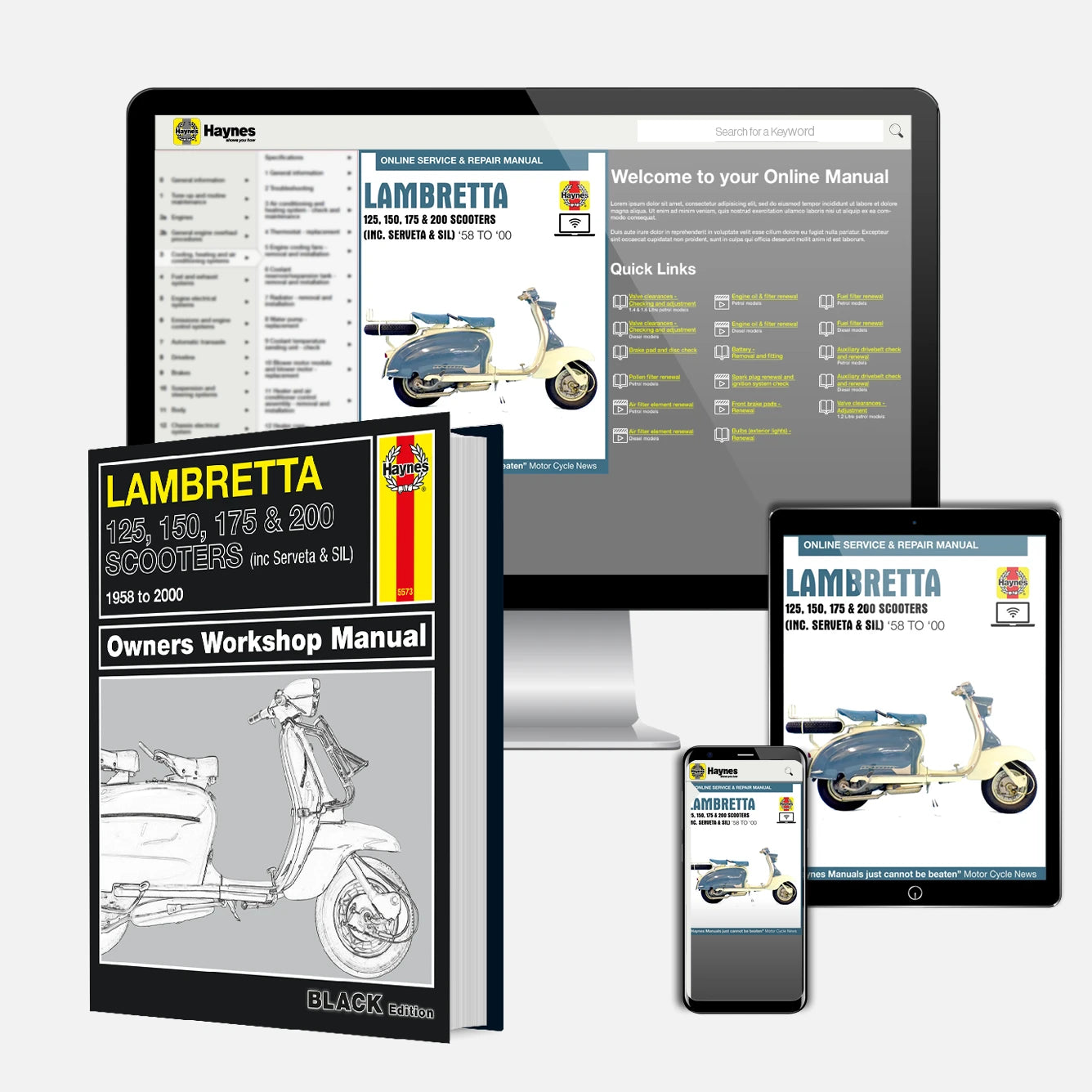 Lambretta owners workshop manual with digital versions on tablet, phone, and computer screen.