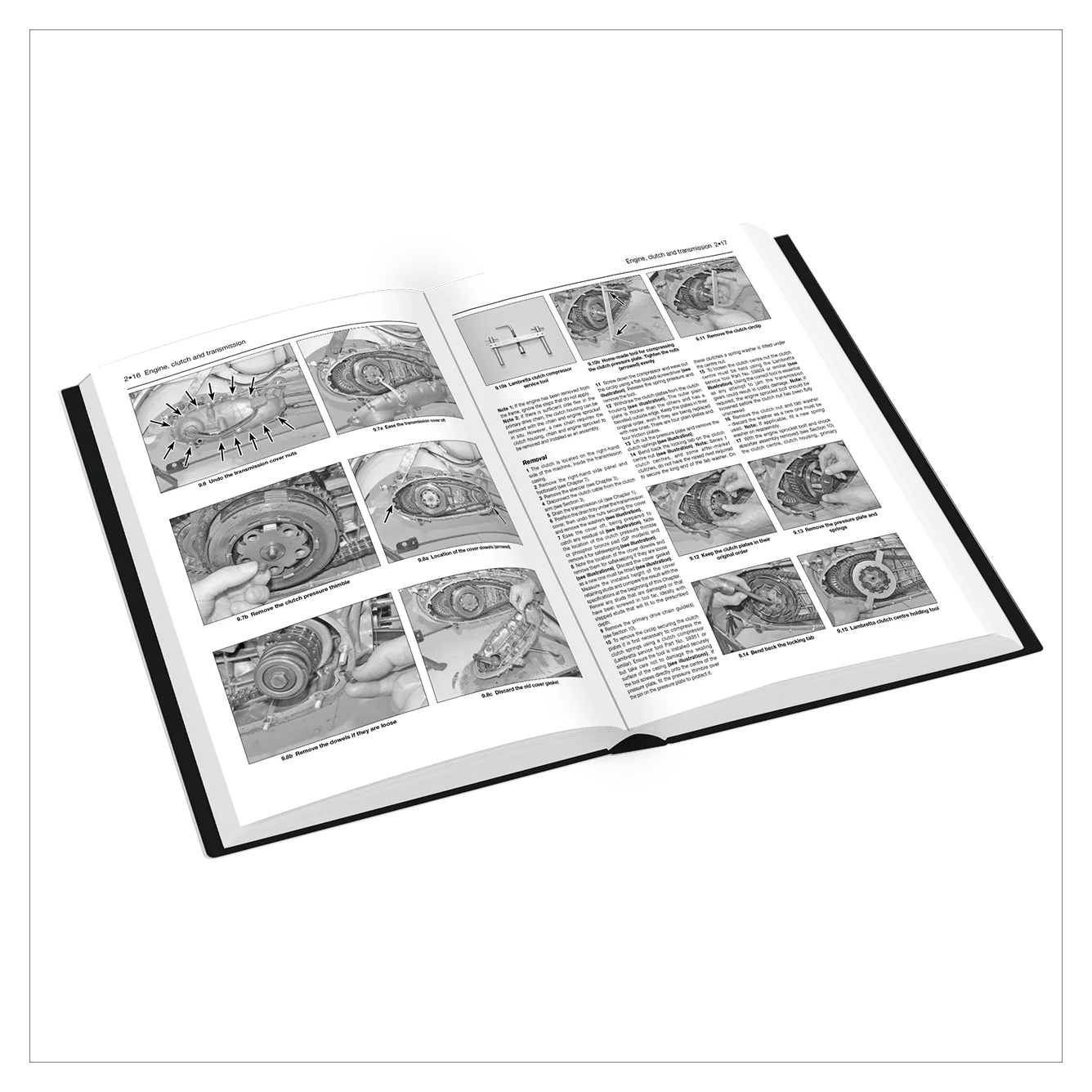 Open book with black and white illustrations and text on a white background