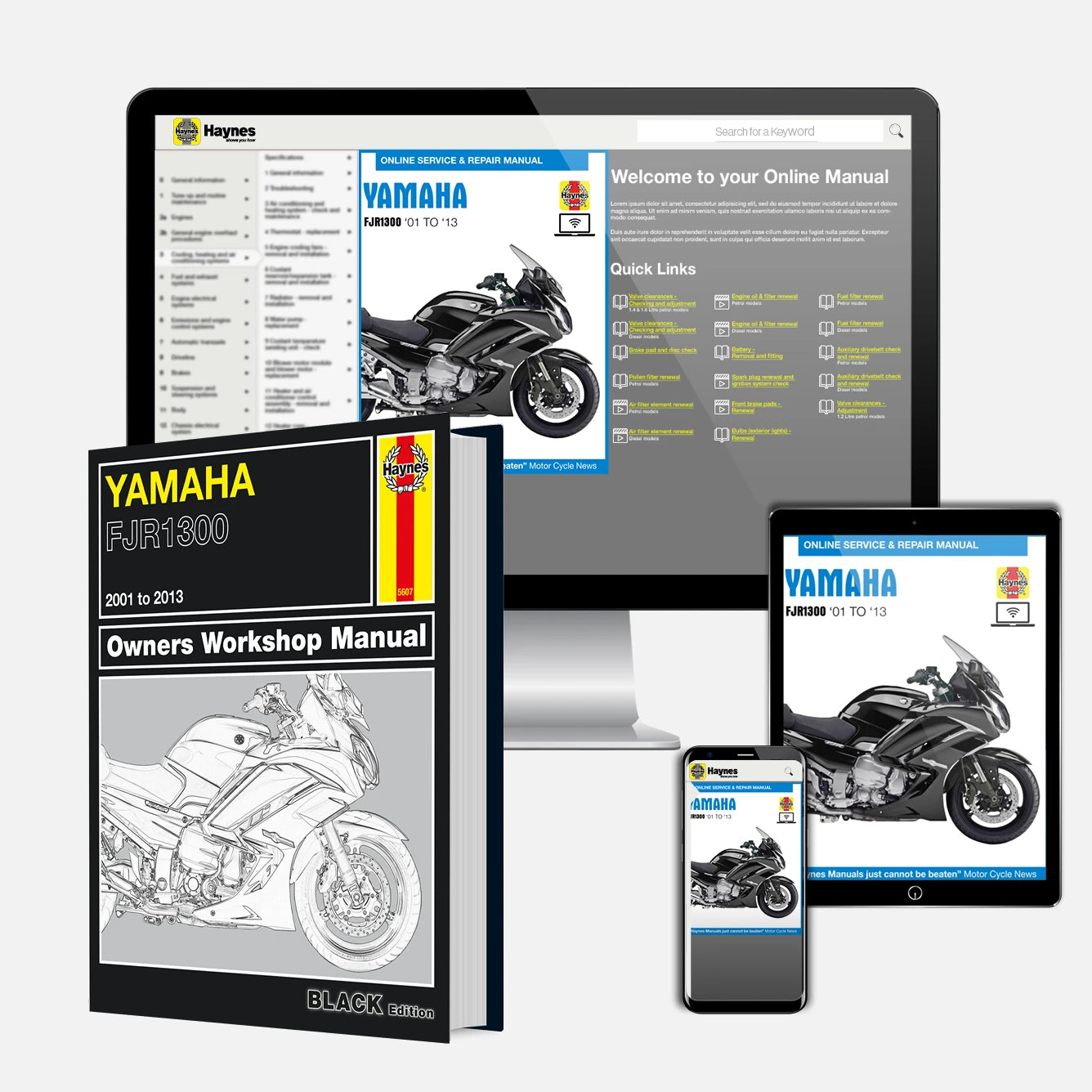 Yamaha motorcycle manual and digital resources on tablet, smartphone, and computer screen.