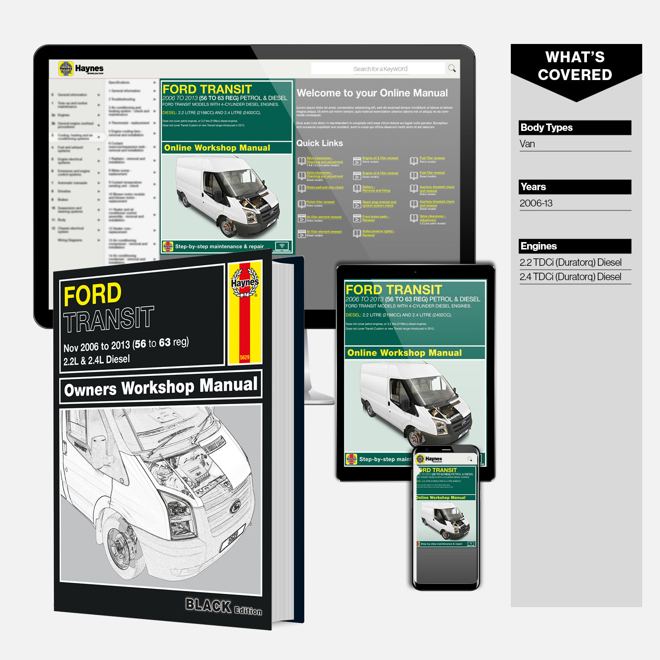 Haynes Ford Transit owners workshop manual with digital versions on smartphone, tablet, and computer screen.