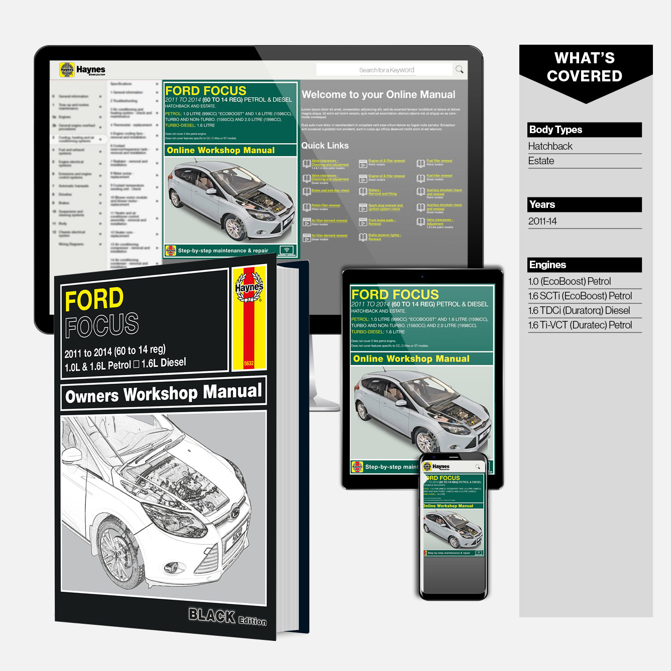 Haynes Ford Focus owners workshop manual with digital versions on tablet, phone, and computer screen.
