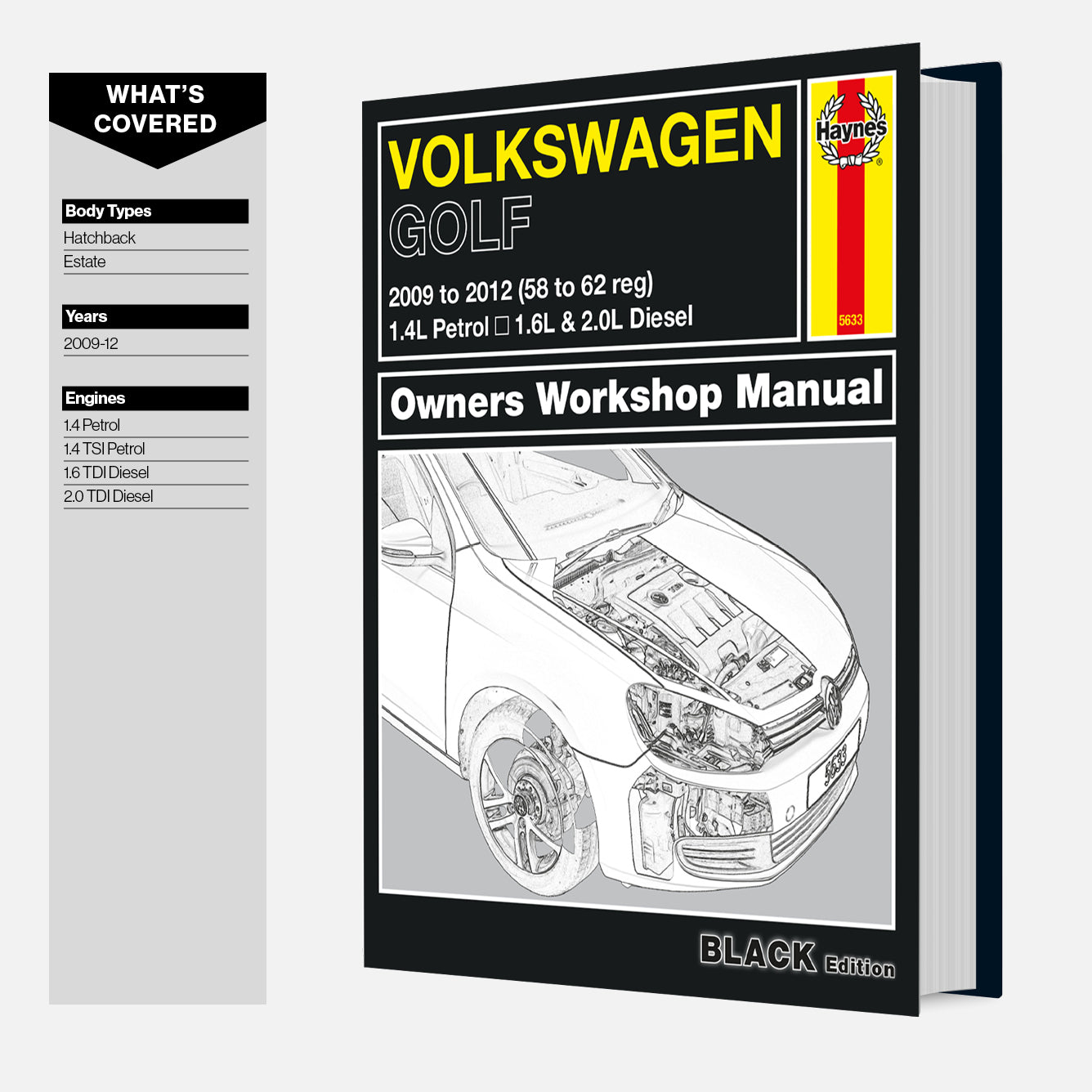 Volkswagen Golf repair manual with car diagram on a white background