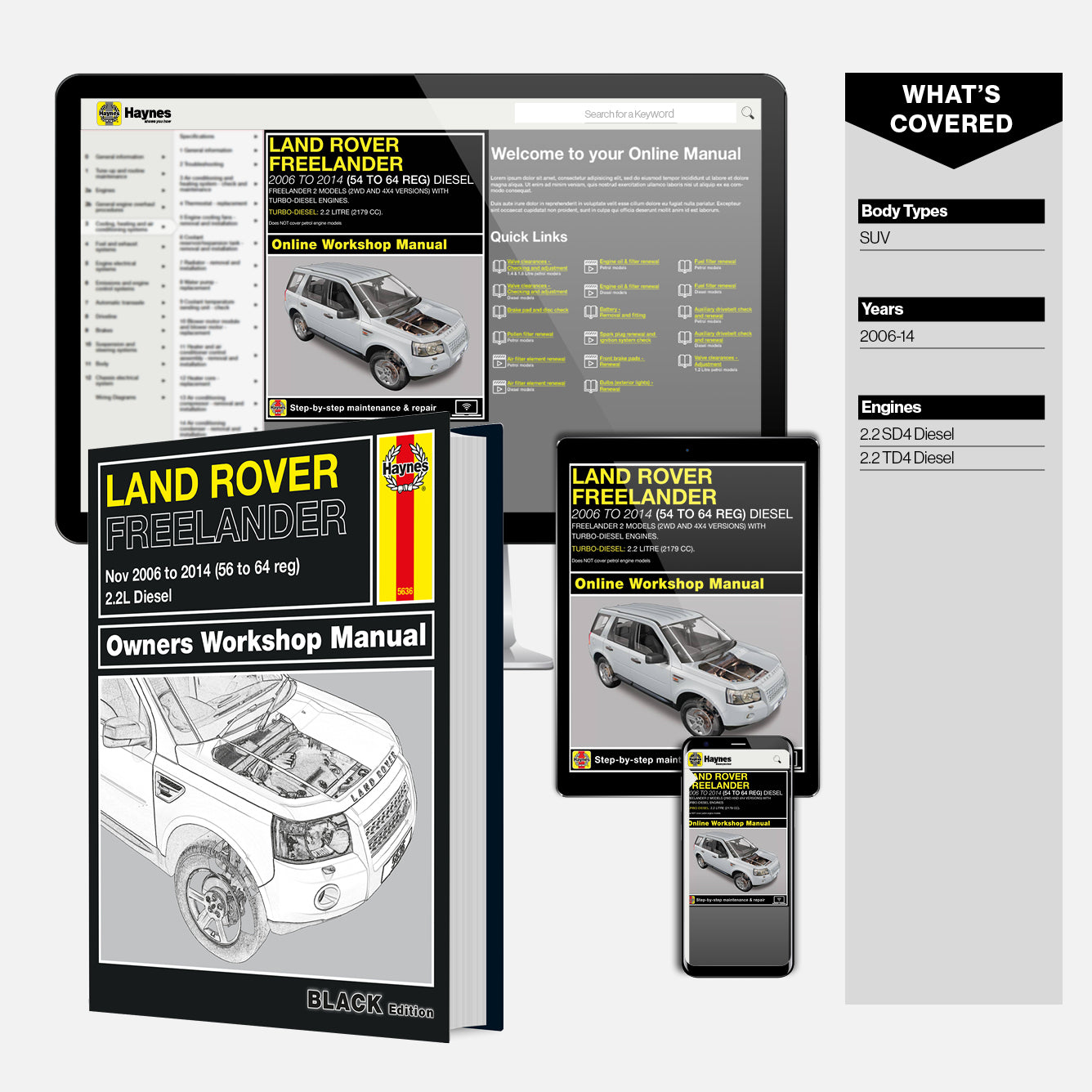 Land Rover Freelander owners workshop manual with digital versions on a screen