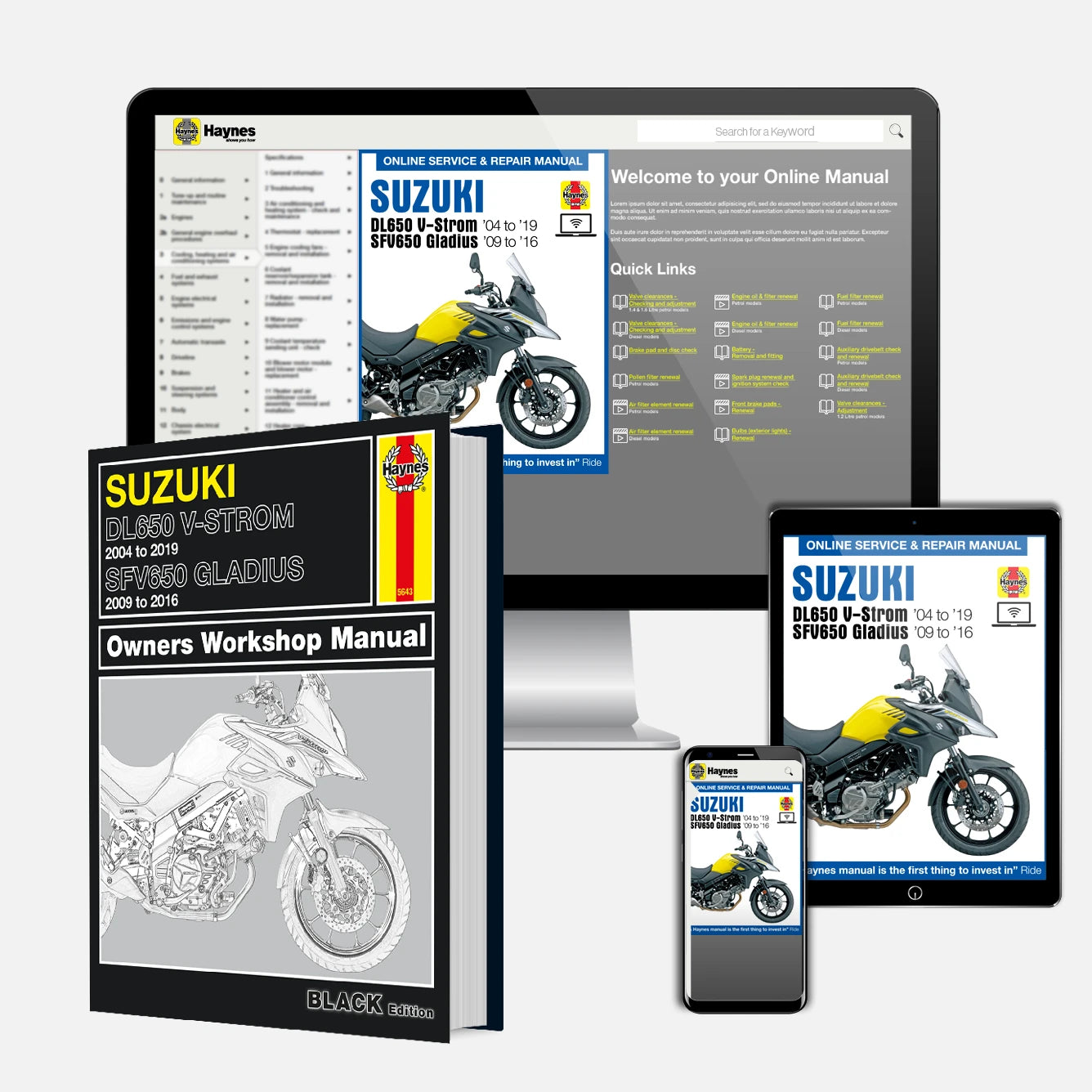 Collection of Suzuki motorcycle manuals and digital resources on a white background