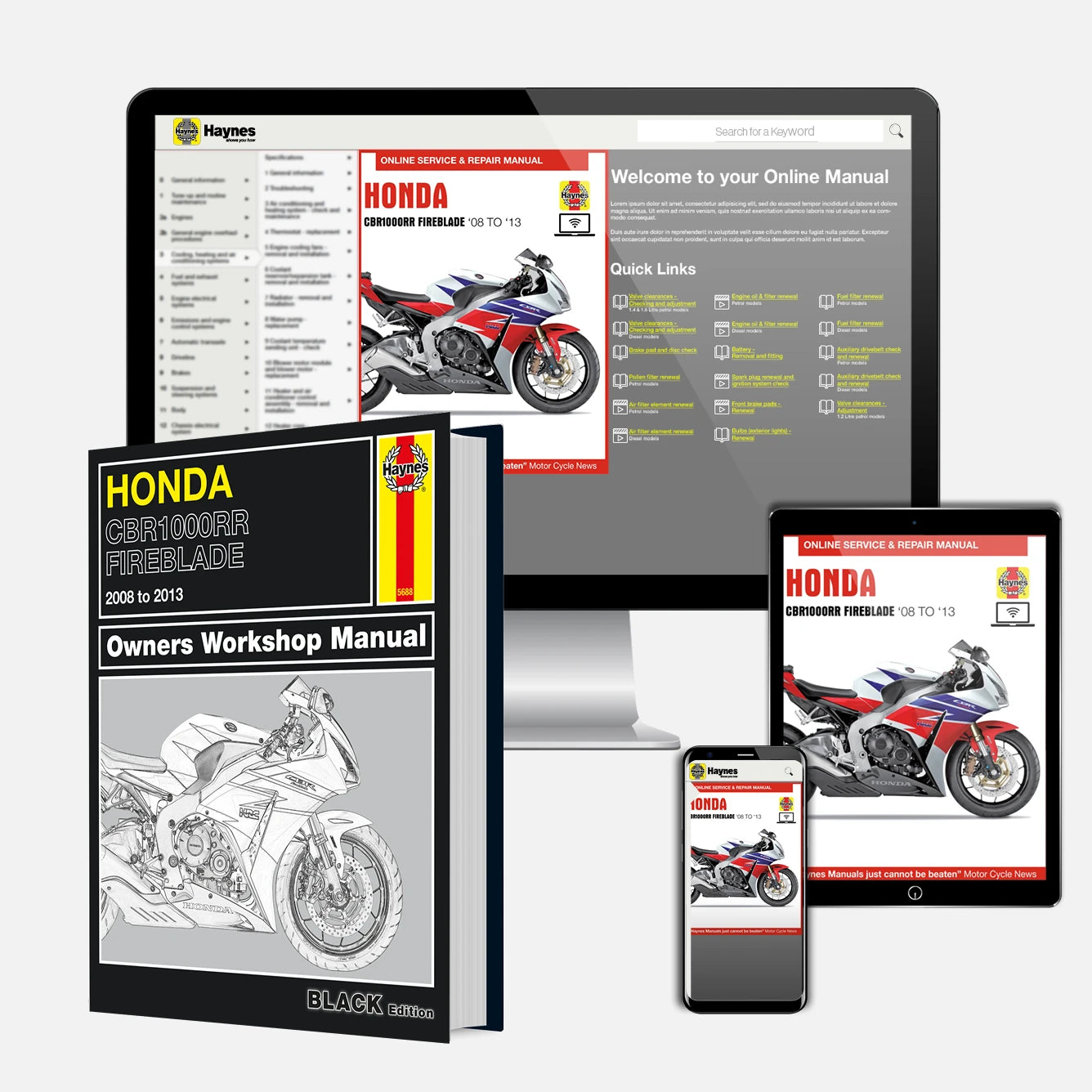 Honda motorcycle manual set with digital versions on tablet, phone, and computer screen.