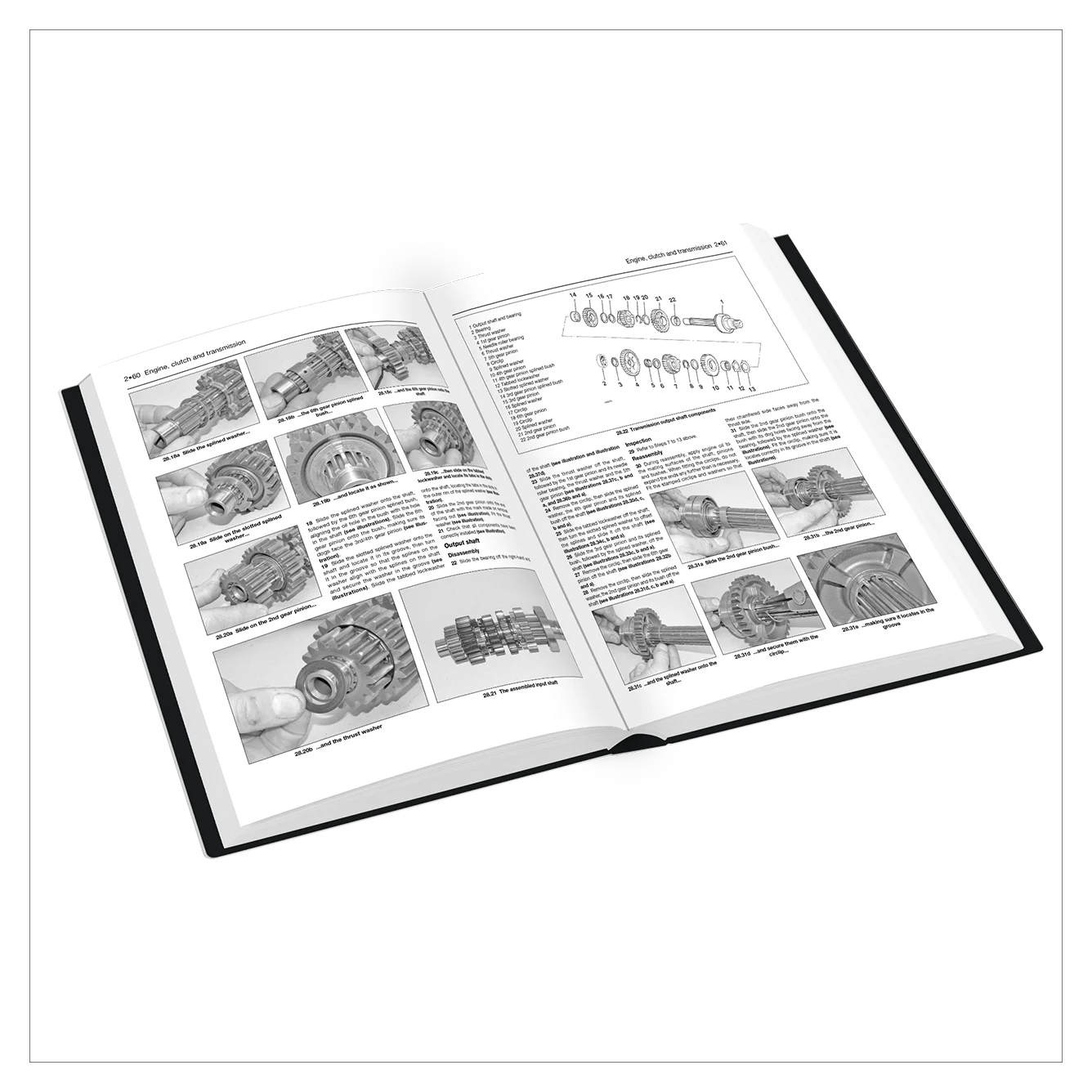 Open book with technical illustrations and text on a white background