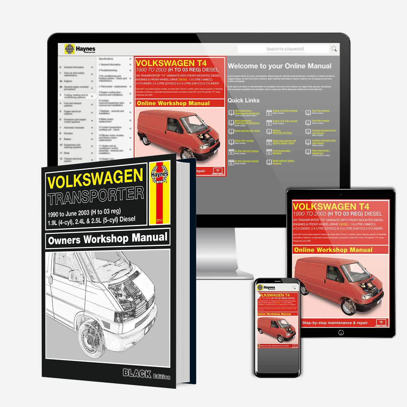 Collection of Volkswagen Transporter repair manuals on various devices.