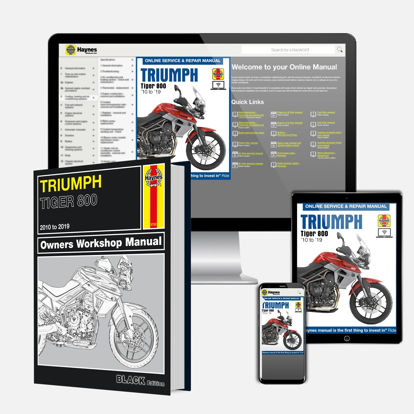 Collection of Triumph Tiger 800 repair manuals and digital resources on a tablet, phone, and book.