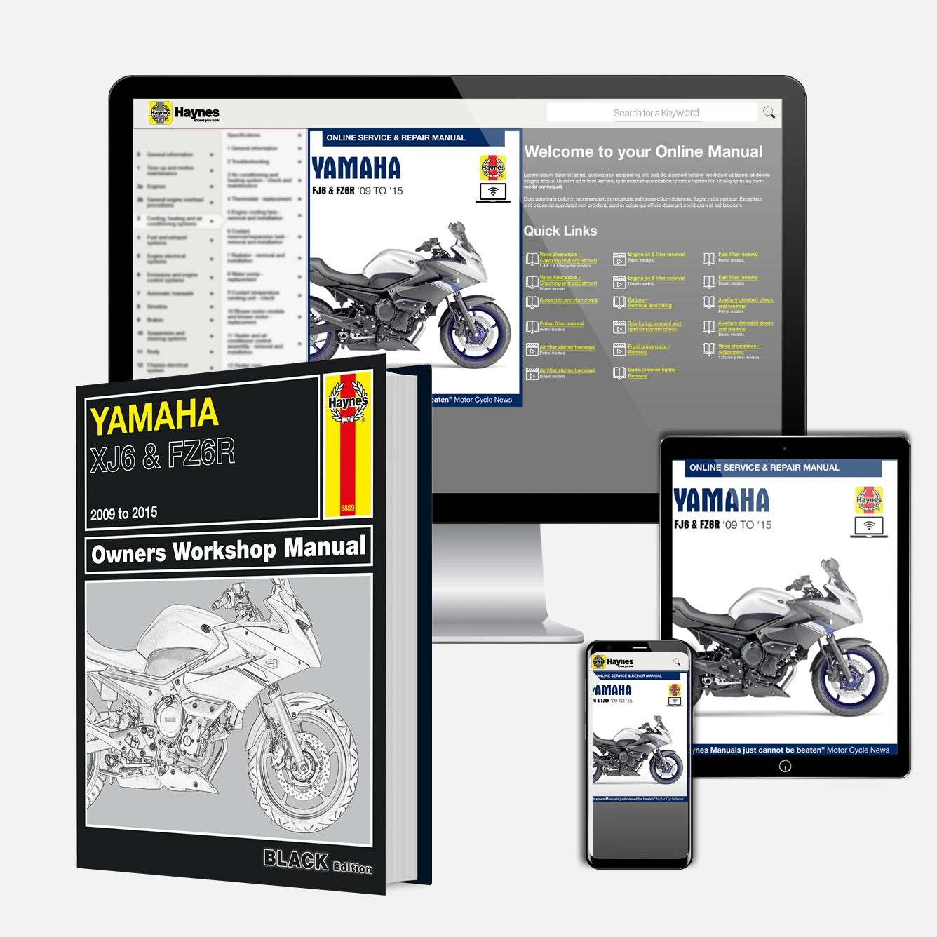 Yamaha motorcycle manual and digital resources on a white background