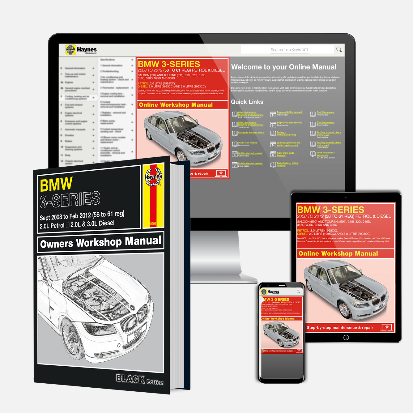 Collection of BMW repair manuals and digital resources on a white background