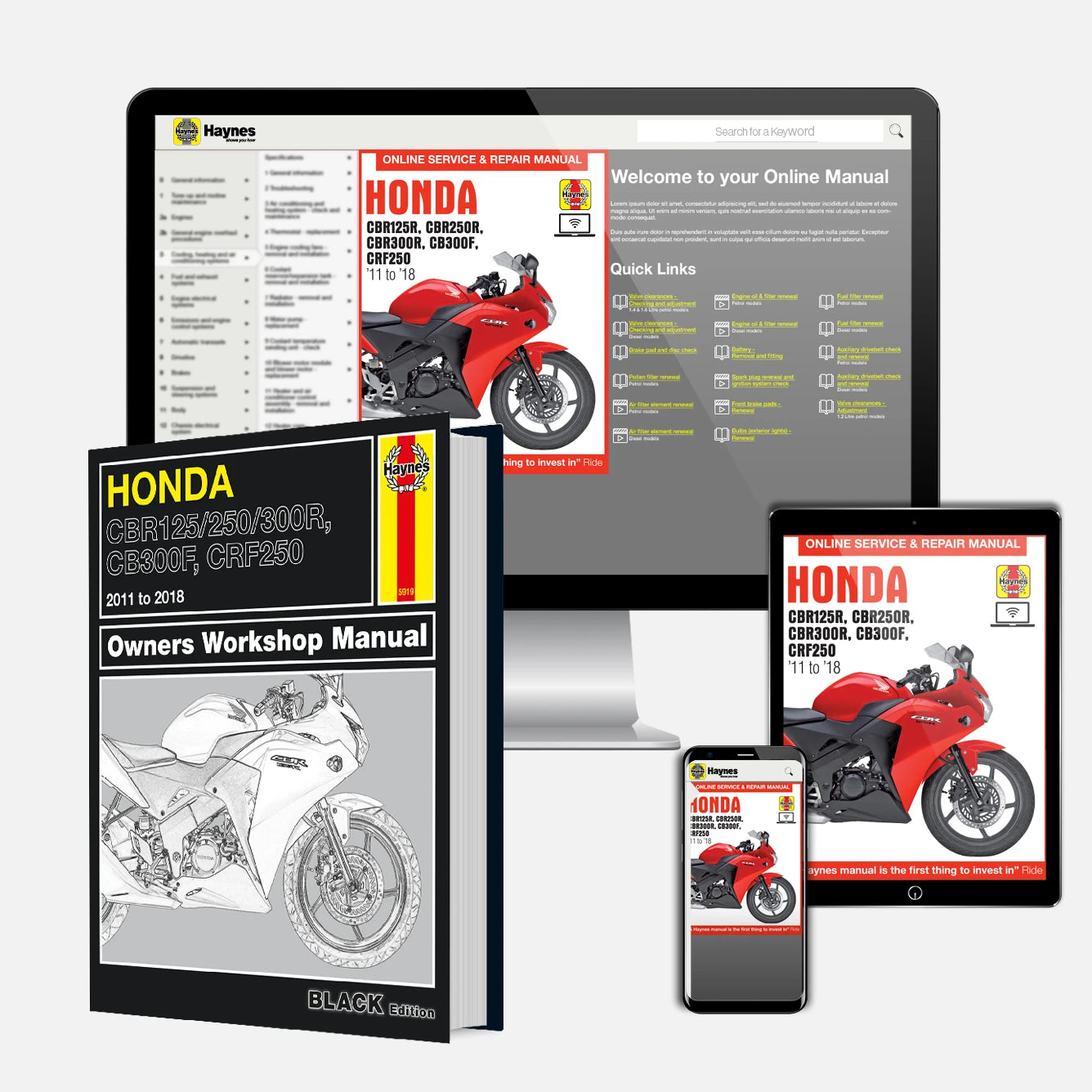 Honda motorcycle manual set with digital versions on tablet, phone, and computer screen.
