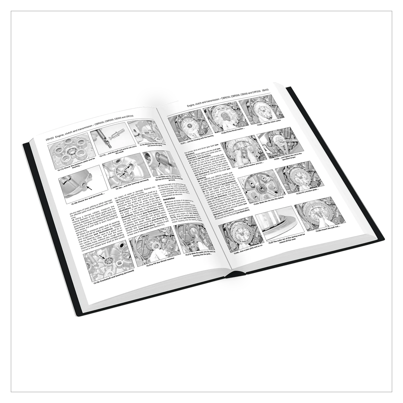 Open book with black and white illustrations and text on a white background
