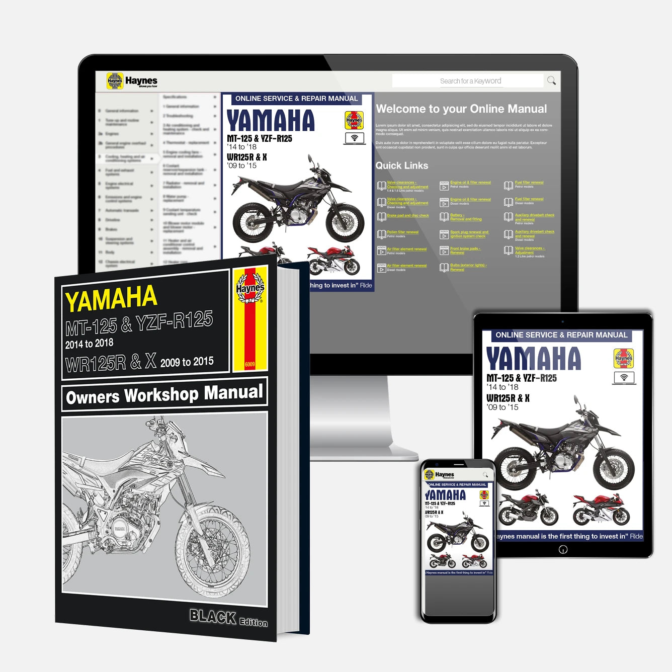 Yamaha motorcycle manual set with digital access on a tablet and smartphone.