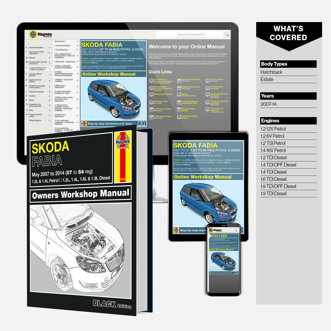 Haynes Skoda Fabia owners workshop manual with digital versions on smartphone, tablet, and computer screen.