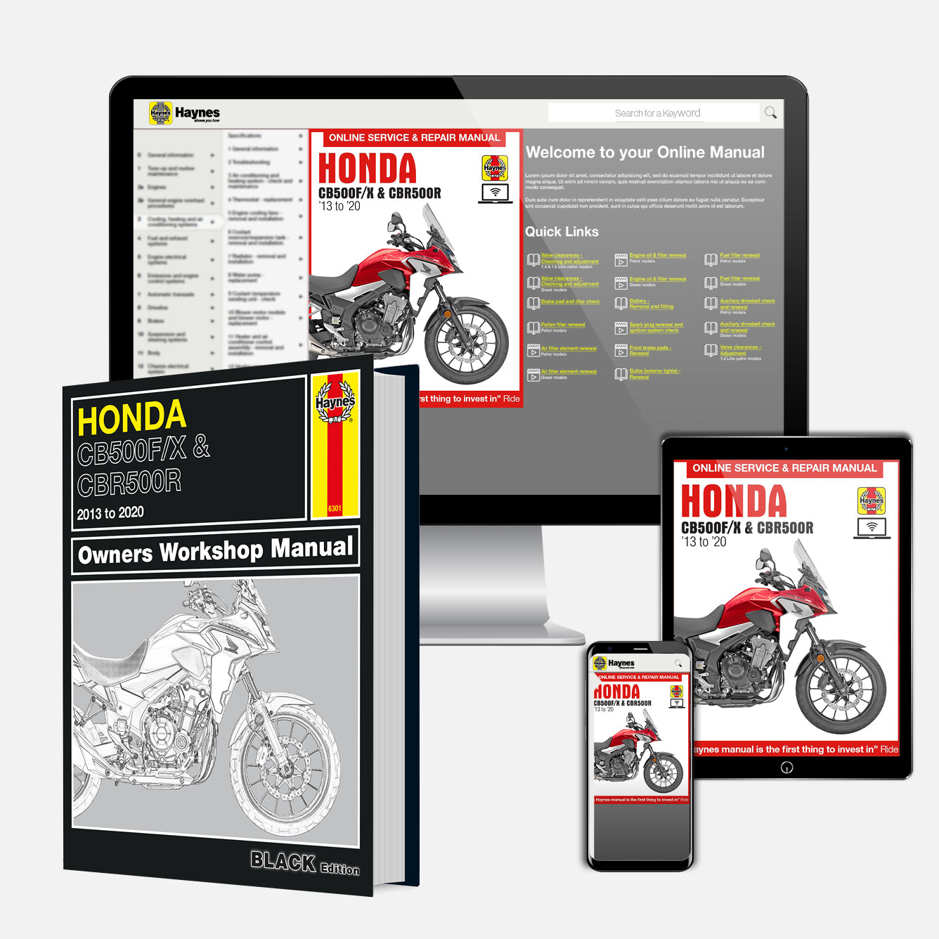 Collection of Honda motorcycle manuals and online repair resources on various devices.