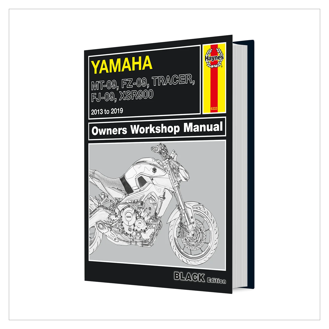 A hardcover Yamaha Owners Workshop Manual book shown at a slight angle on a plain white background. The cover is predominantly black and gray with yellow text for the Yamaha logo and a small Hayabusa badge, plus a line drawing of a motorcycle.