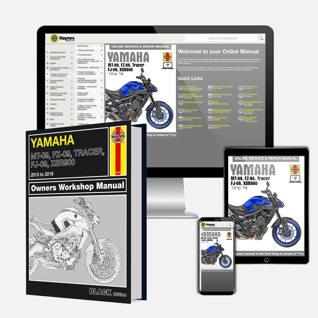 Yamaha owners workshop manual shown as a physical book in front of a desktop monitor, tablet, and smartphone displaying the online service and repair manual on a light gray background.
