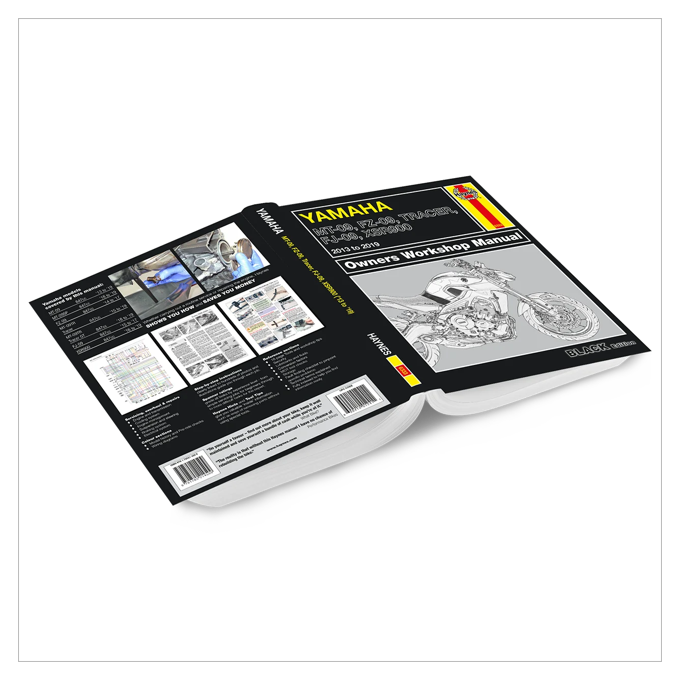 A Yamaha Owners Workshop Manual book shown open at an angle, displaying the black front cover with a motorcycle illustration and the back cover with technical diagrams and text, on a white background.