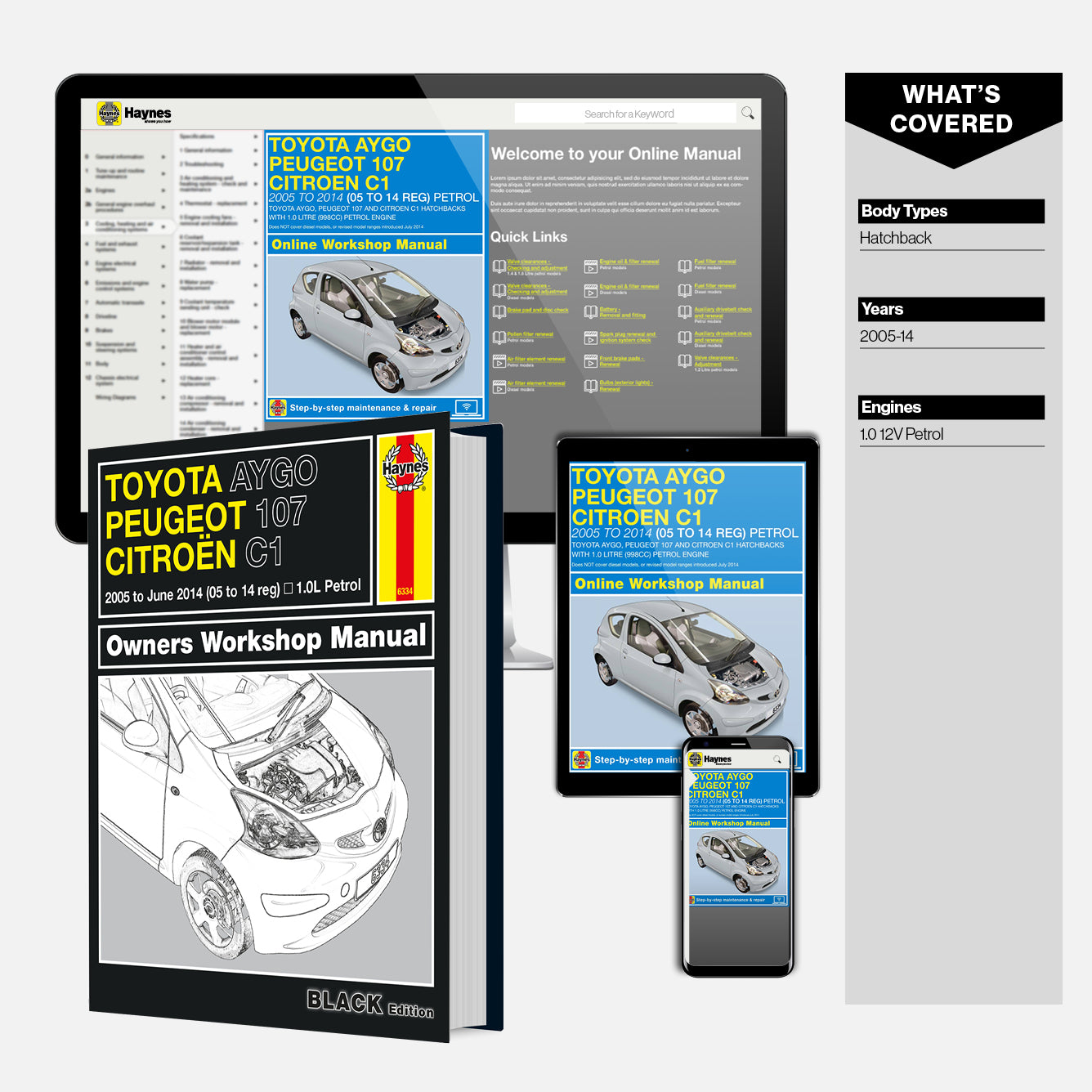 Haynes Toyota Aygo, Peugeot 107, Citroèn C1 owners workshop manual with digital versions on smartphone and tablet.