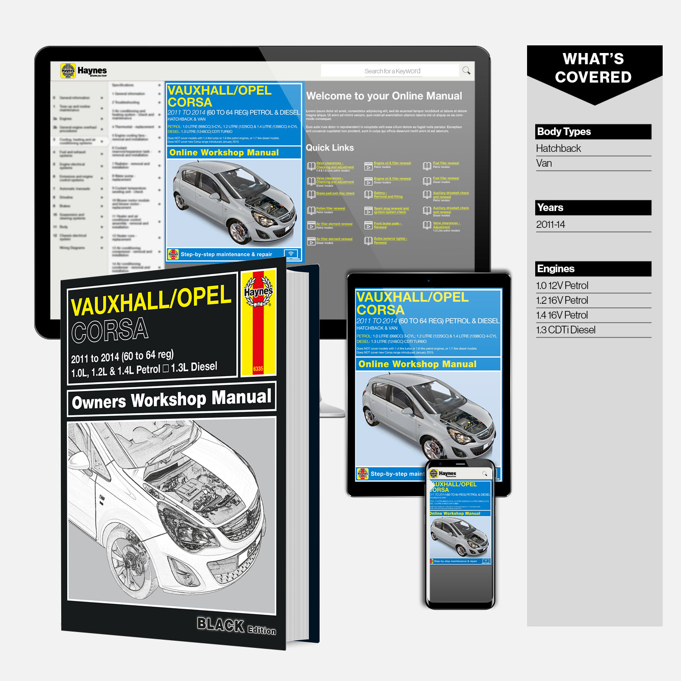Haynes Vauxhall/Opel Corsa owners workshop manual on various devices with a white background.