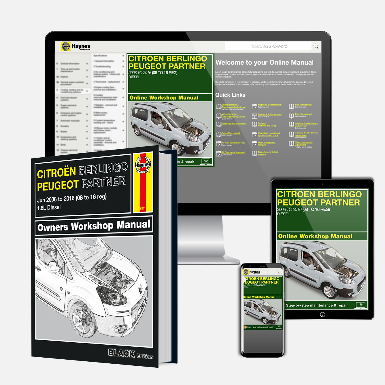 Collection of Citroèn Berlingo Peugeot Partner repair manuals and online workshop manual on digital devices.