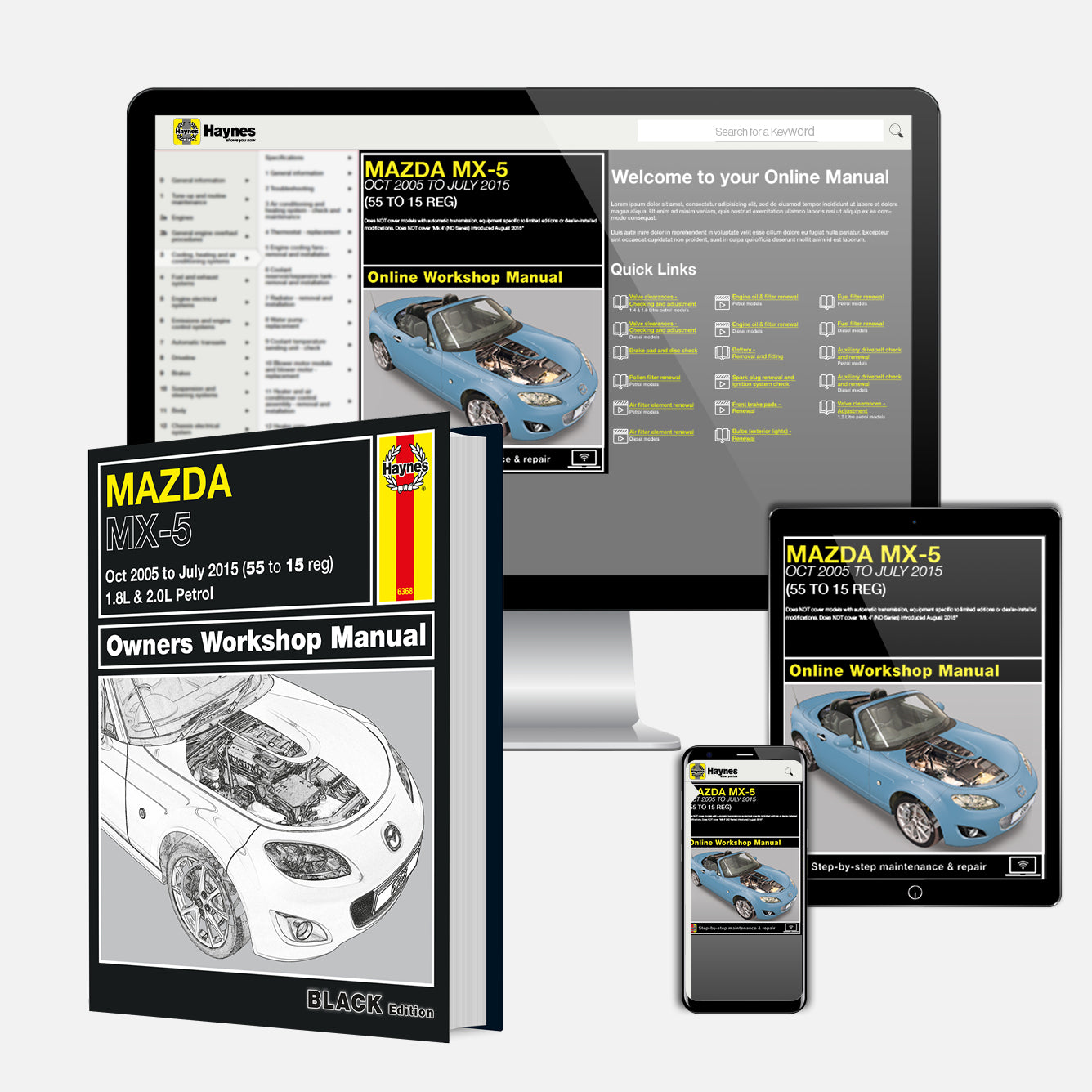 Mazda MX-5 repair manual set with digital versions on tablet, phone, and computer screen.