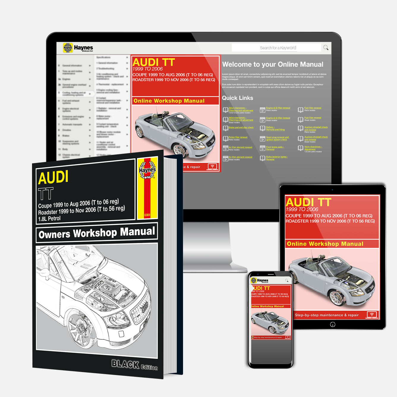Collection of Audi TT repair manuals including a hardcover book, digital online manual on a computer screen, and smartphone with Audi TT images.