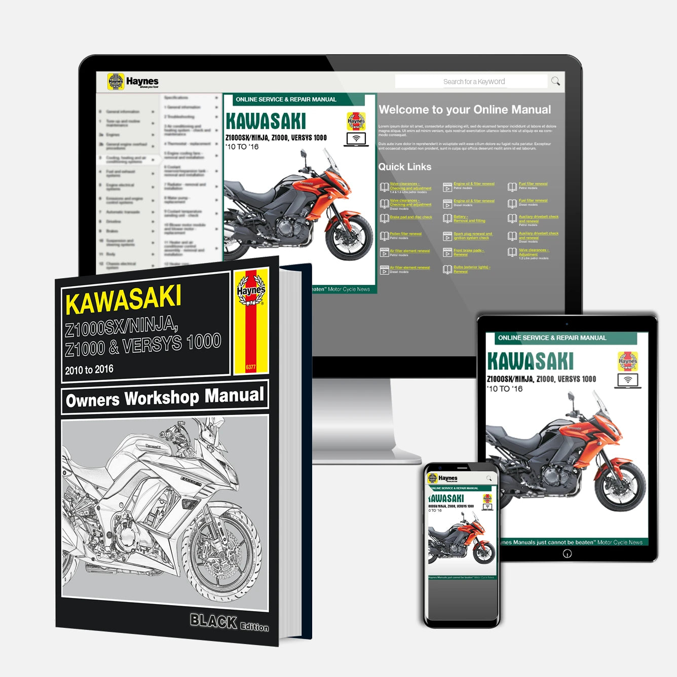Kawasaki online workshop manual shown on a desktop monitor, tablet, and smartphone, with a printed owners workshop manual in front. The printed book cover includes a motorcycle illustration and the Black Box logo.