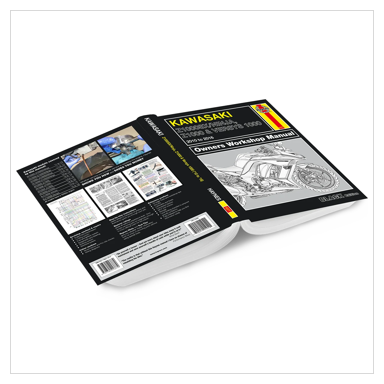 A hardcover motorcycle workshop manual book shown open on a white background, with the front cover displaying a black-and-white motorcycle illustration and the back cover containing technical diagrams and text.