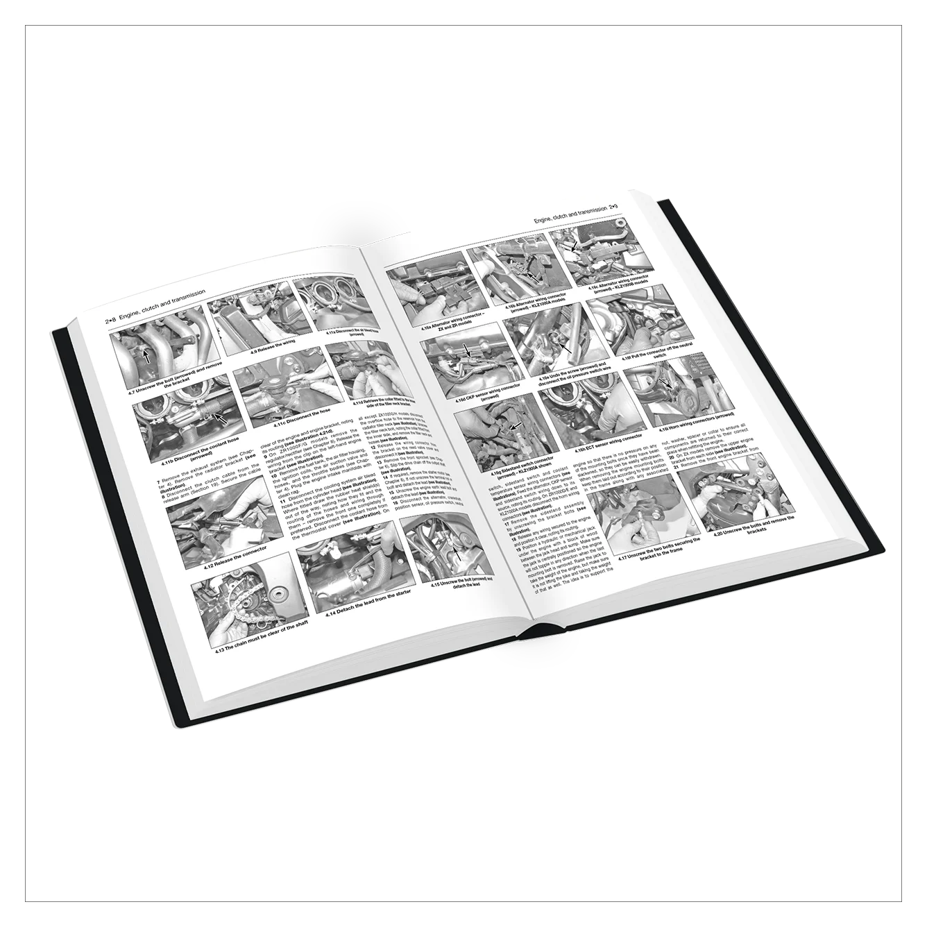 An open technical manual or instruction book with black-and-white instructional pages showing mechanical diagrams and text, photographed on a clean white background.