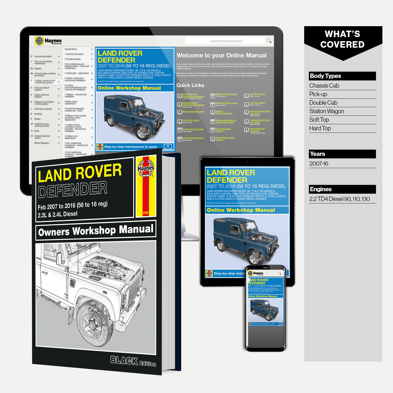 Land Rover Defender repair manual set with digital and print versions on a white background