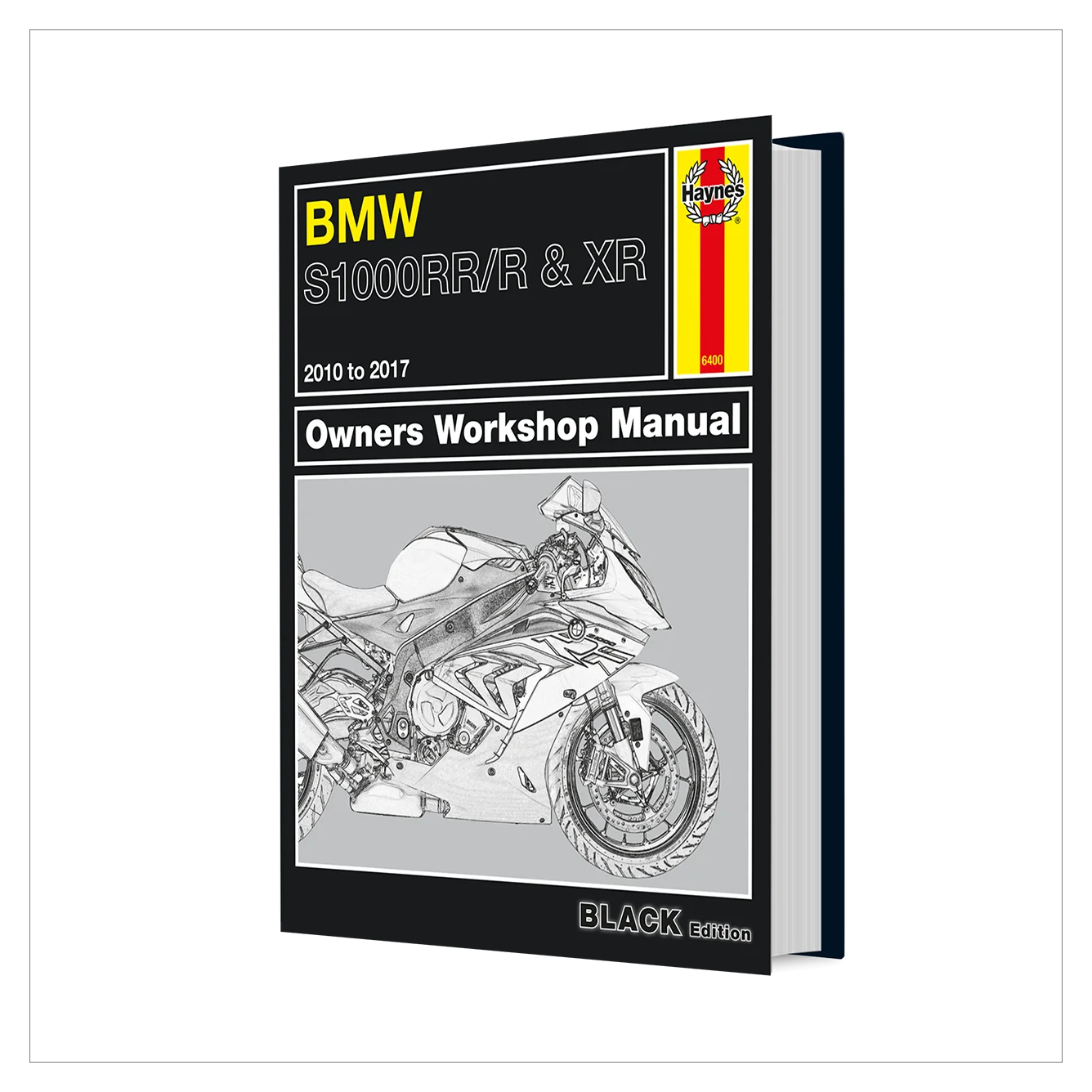 BMW S1000RR & XR 2010 to 2017 Owners Workshop Manual, Black Edition, shown as a 3D book mockup on a white background.