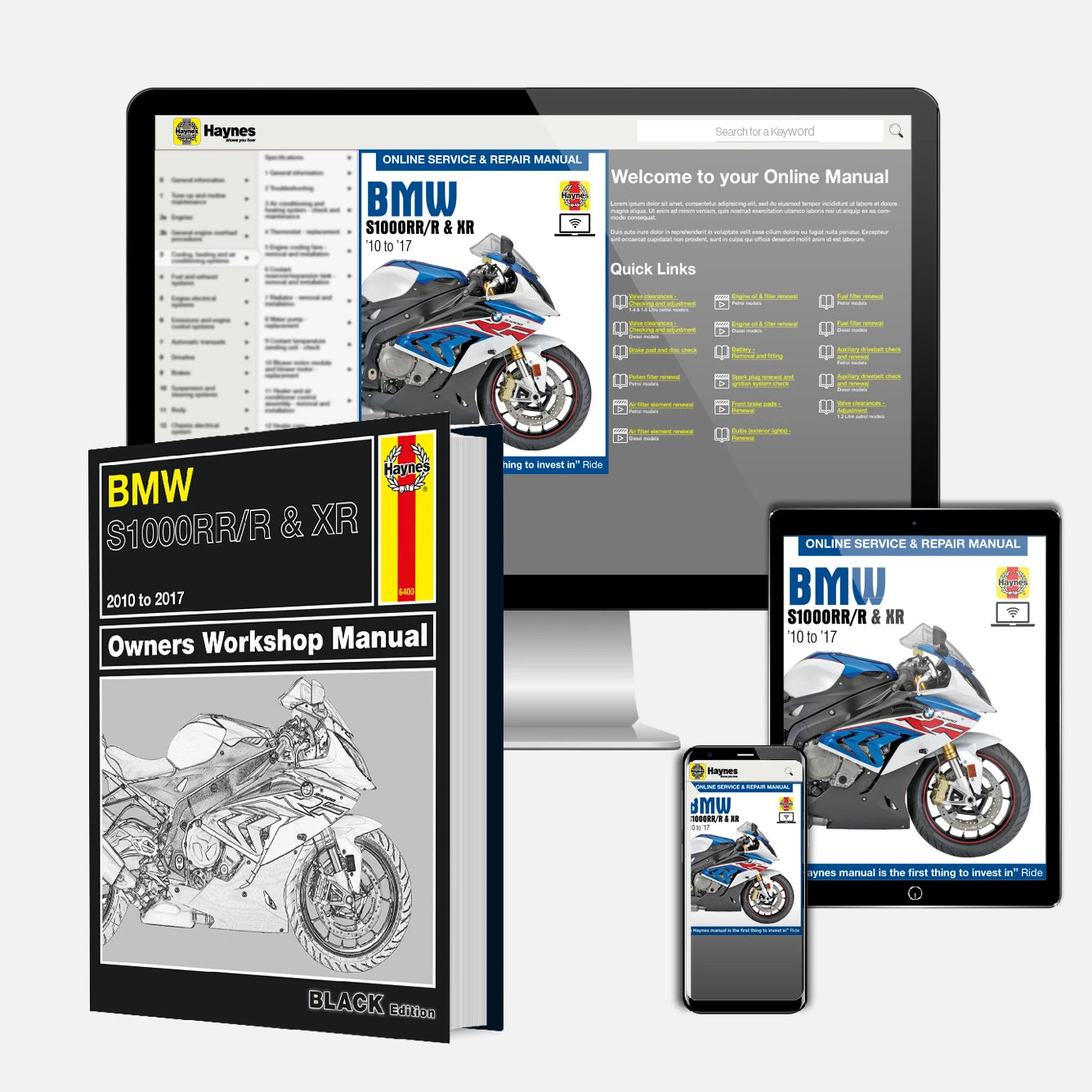 BMW S1000RR/R & XR online service and workshop manual shown on a desktop monitor, tablet, and smartphone, with a physical owners workshop manual in front on a light gray background.