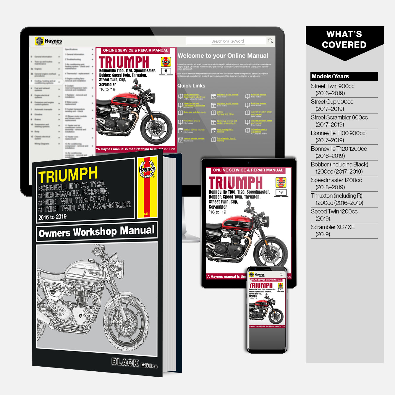 Collection of Triumph motorcycle manuals including a hardcover book, digital app, and online manual on a tablet.