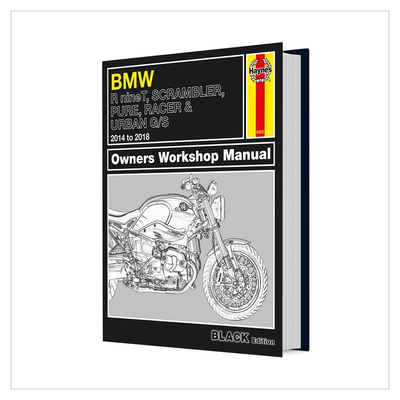 A hardcover BMW Owners Workshop Manual book shown at a slight angle on a plain white background. The cover is predominantly black with white text, a gray central panel featuring a line drawing of a motorcycle, and a small Hayabusa logo in the top right corner.