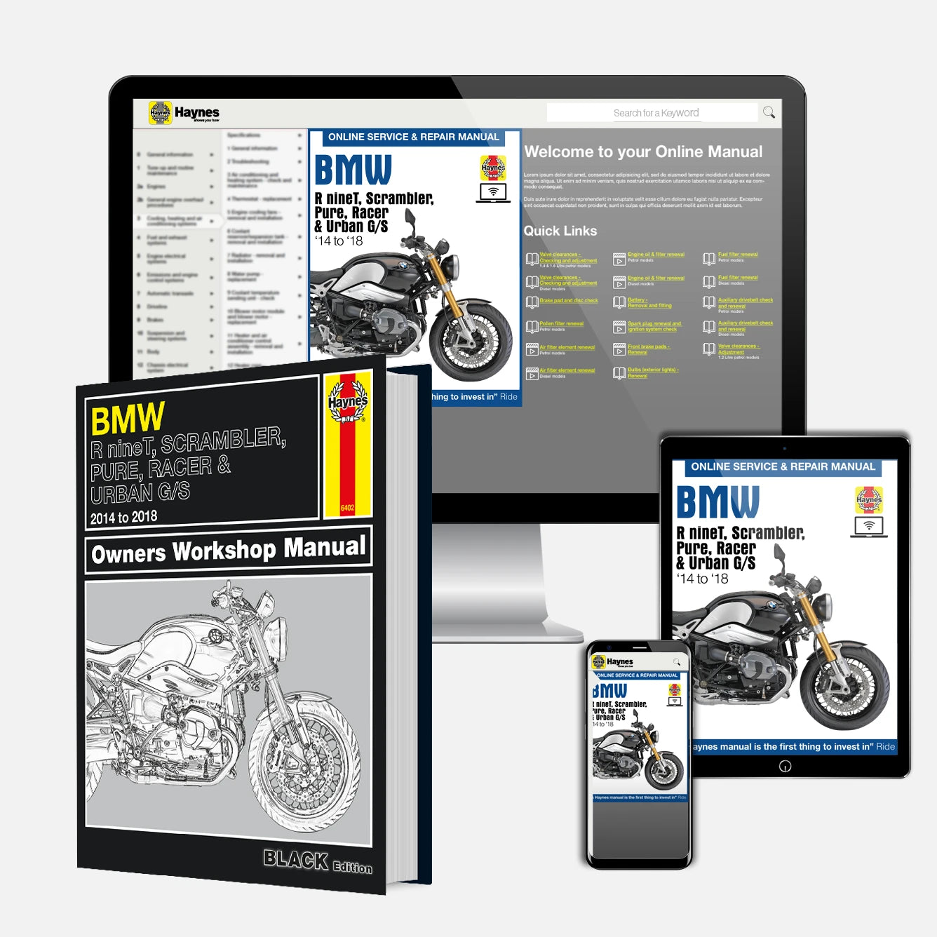 BMW online service and repair manual shown on a desktop monitor, tablet, and smartphone, alongside the printed Owners Workshop Manual book on a light gray background.