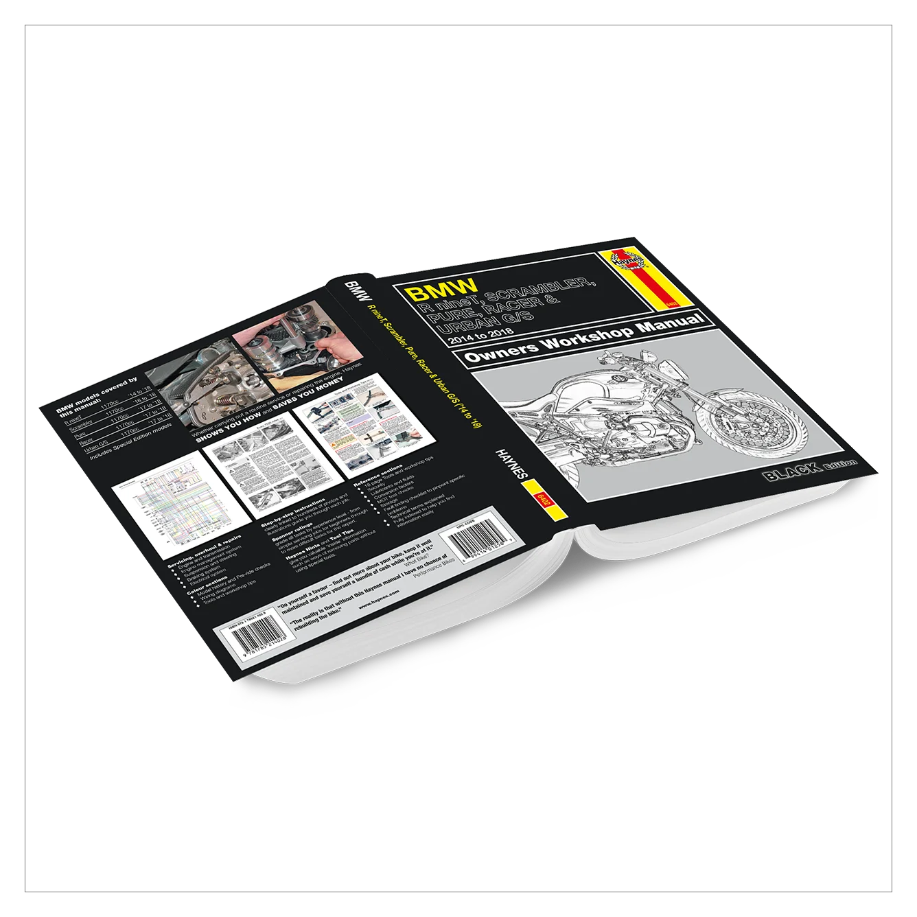 BMW Motorrad 1250 C CCB Owner's Workshop Manual book shown open, displaying the black front cover with a motorcycle illustration, the back cover with technical diagrams, and the white page edges, on a white background.