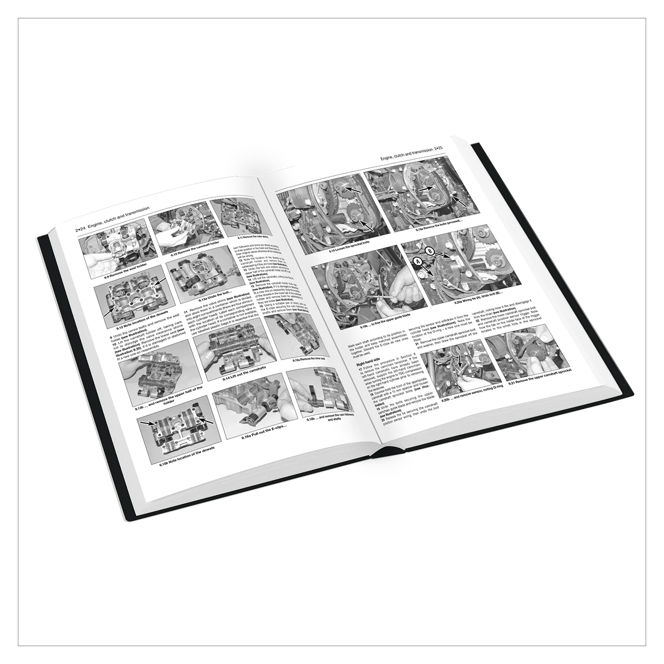 An open hardcover book showing two printed pages filled with black-and-white technical illustrations, diagrams, and small text blocks, photographed on a plain white background.