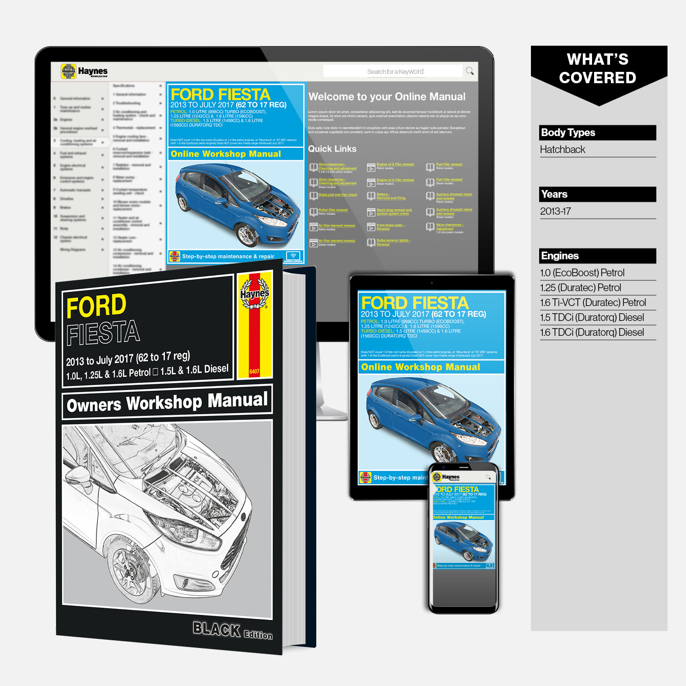 Haynes Ford Fiesta owners workshop manual with digital versions on smartphone, tablet, and computer screen.
